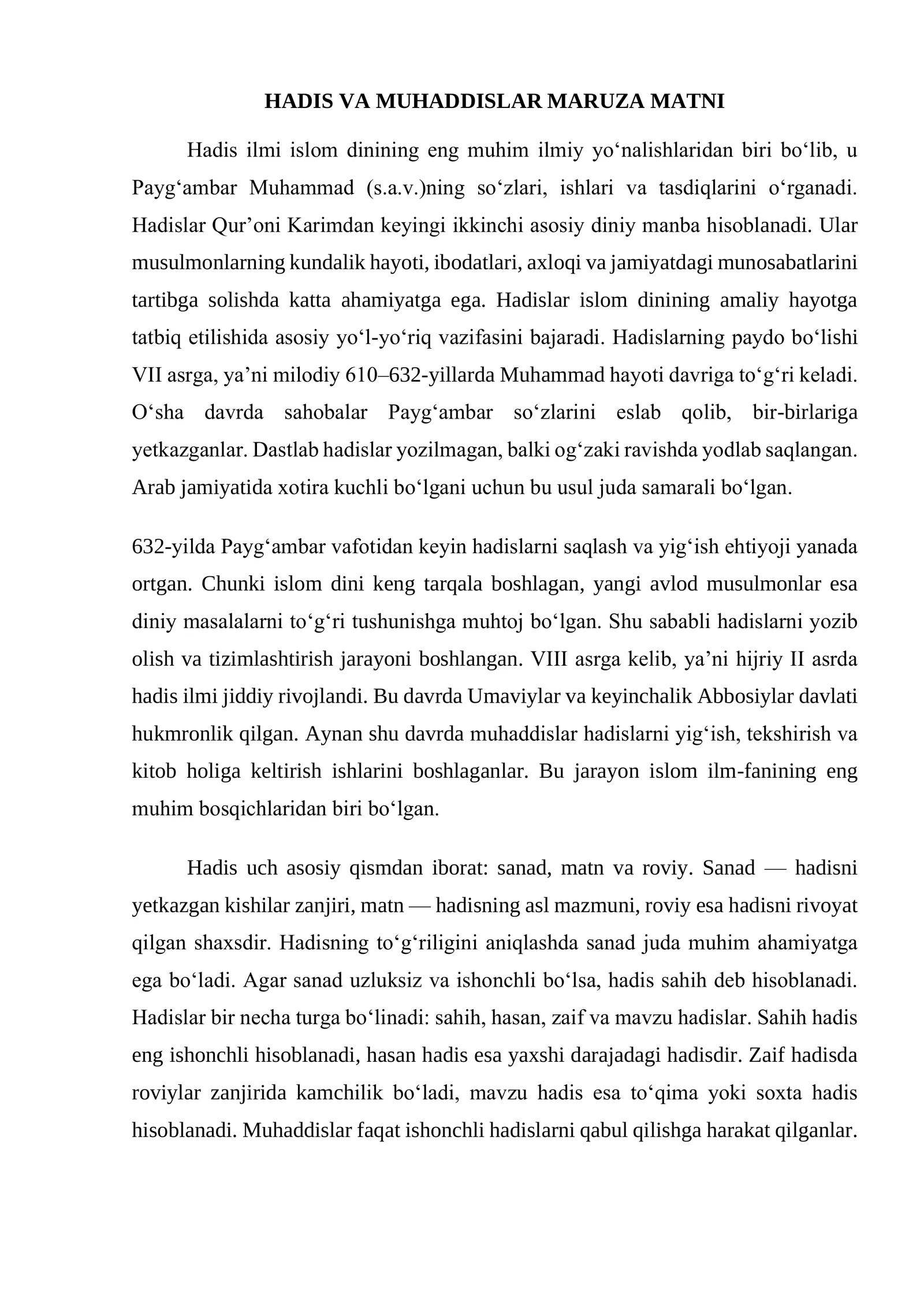 HADIS VA MUHADDISLAR MARUZA MATNI