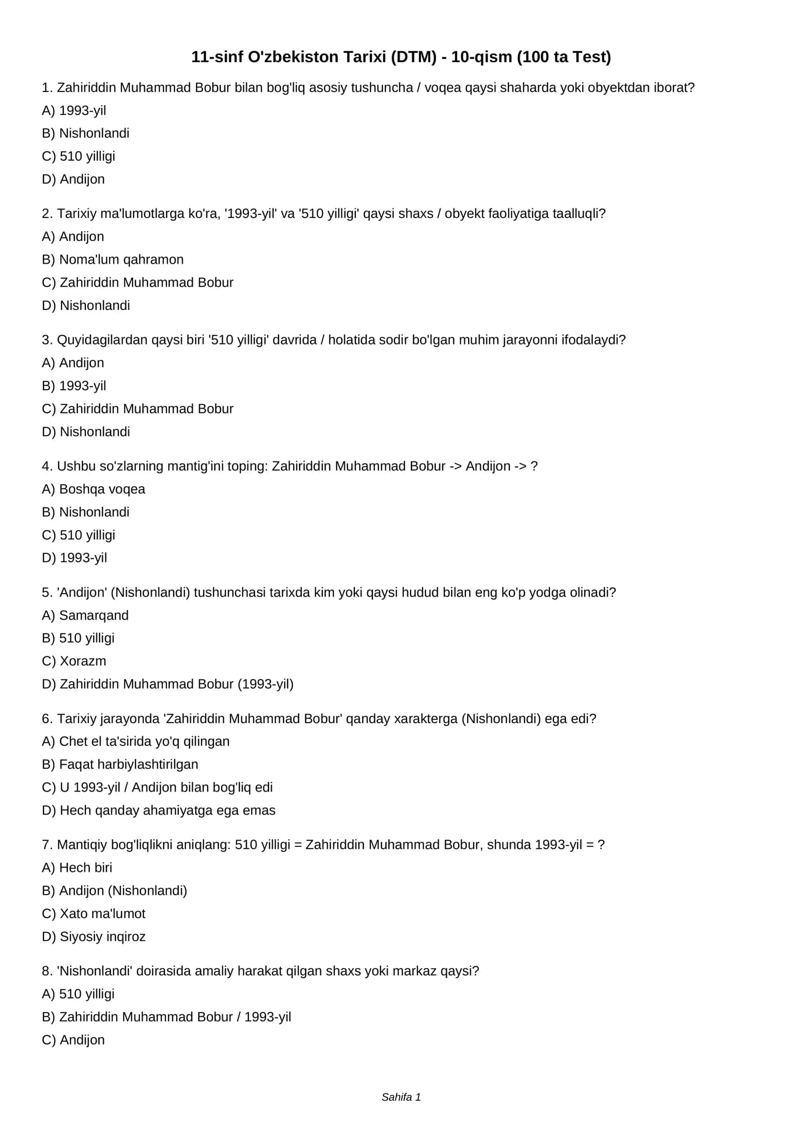11-sinf O'zbekiston Tarixi (DTM) - 10-qism (100 ta Test)