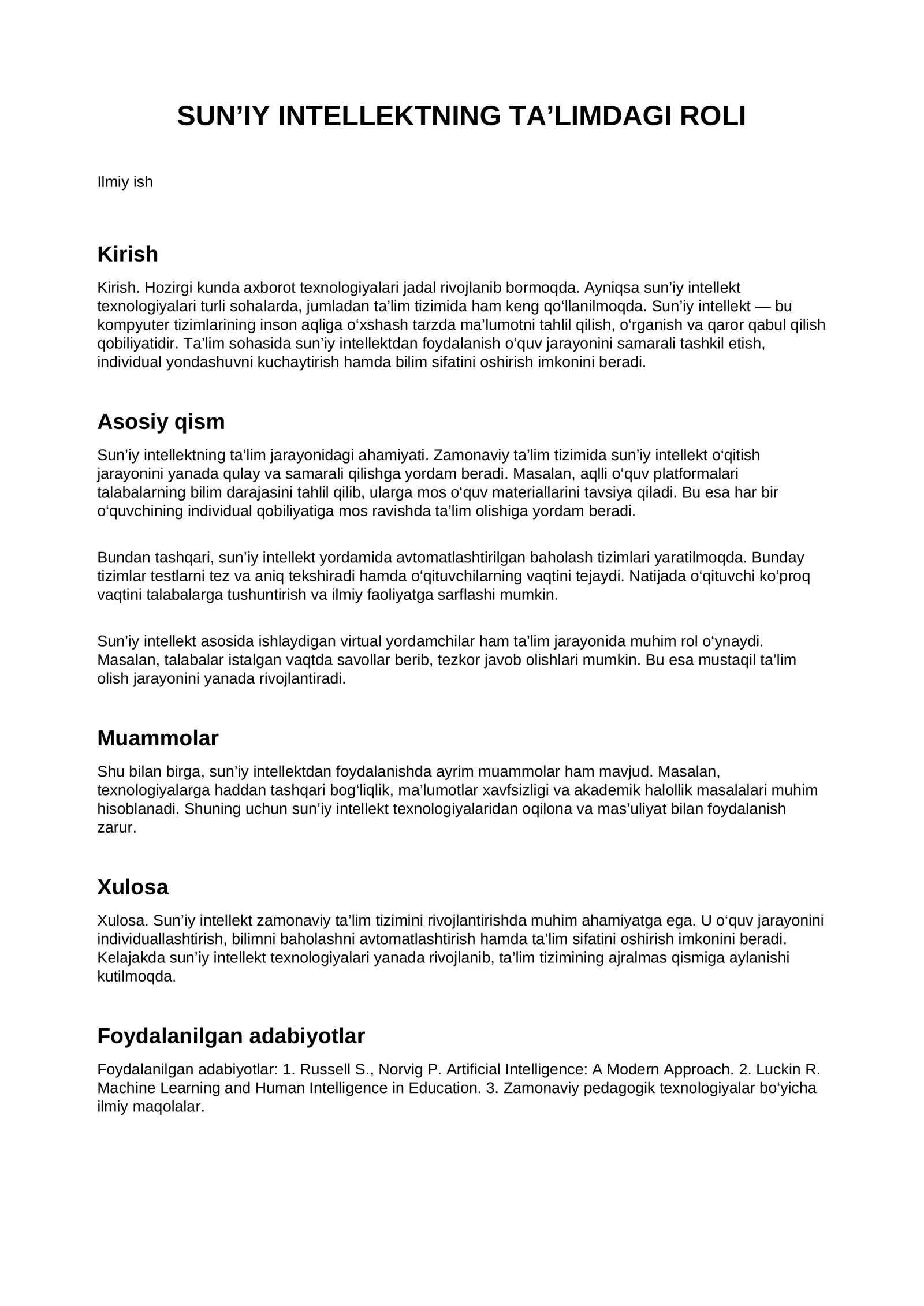 SUN'IY INTELLEKTNING TA’LIMDAGI ROLI