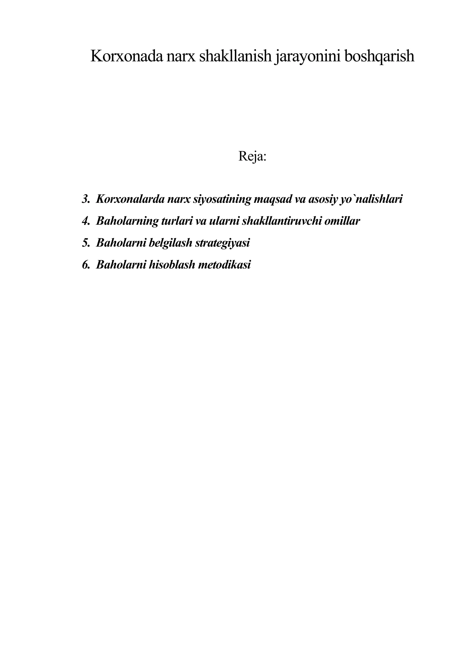 Korxonada narx shakllanish jarayonini boshqarish