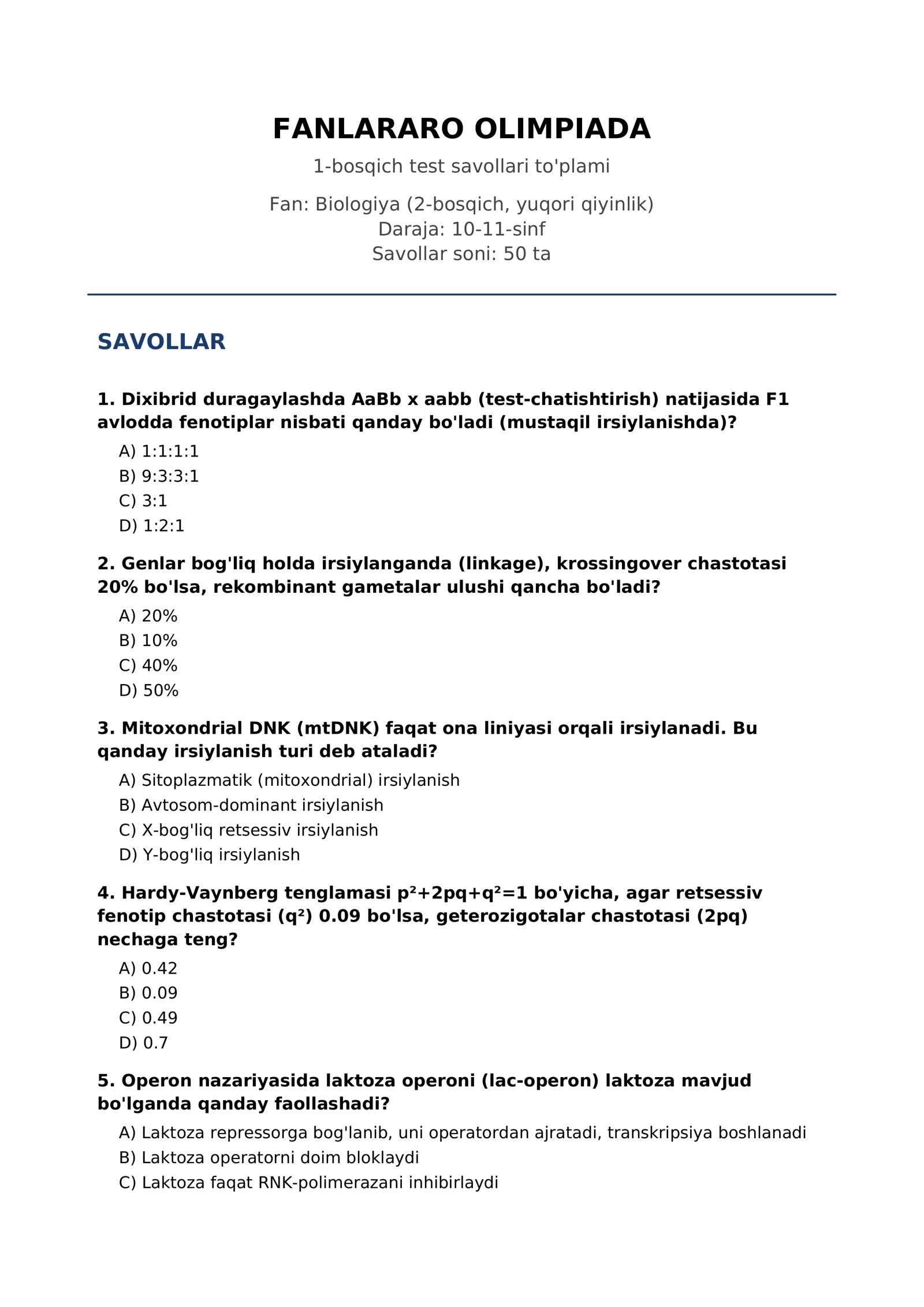 FANLARARO OLIMPIADA 2-bosqich test savollari to'plami