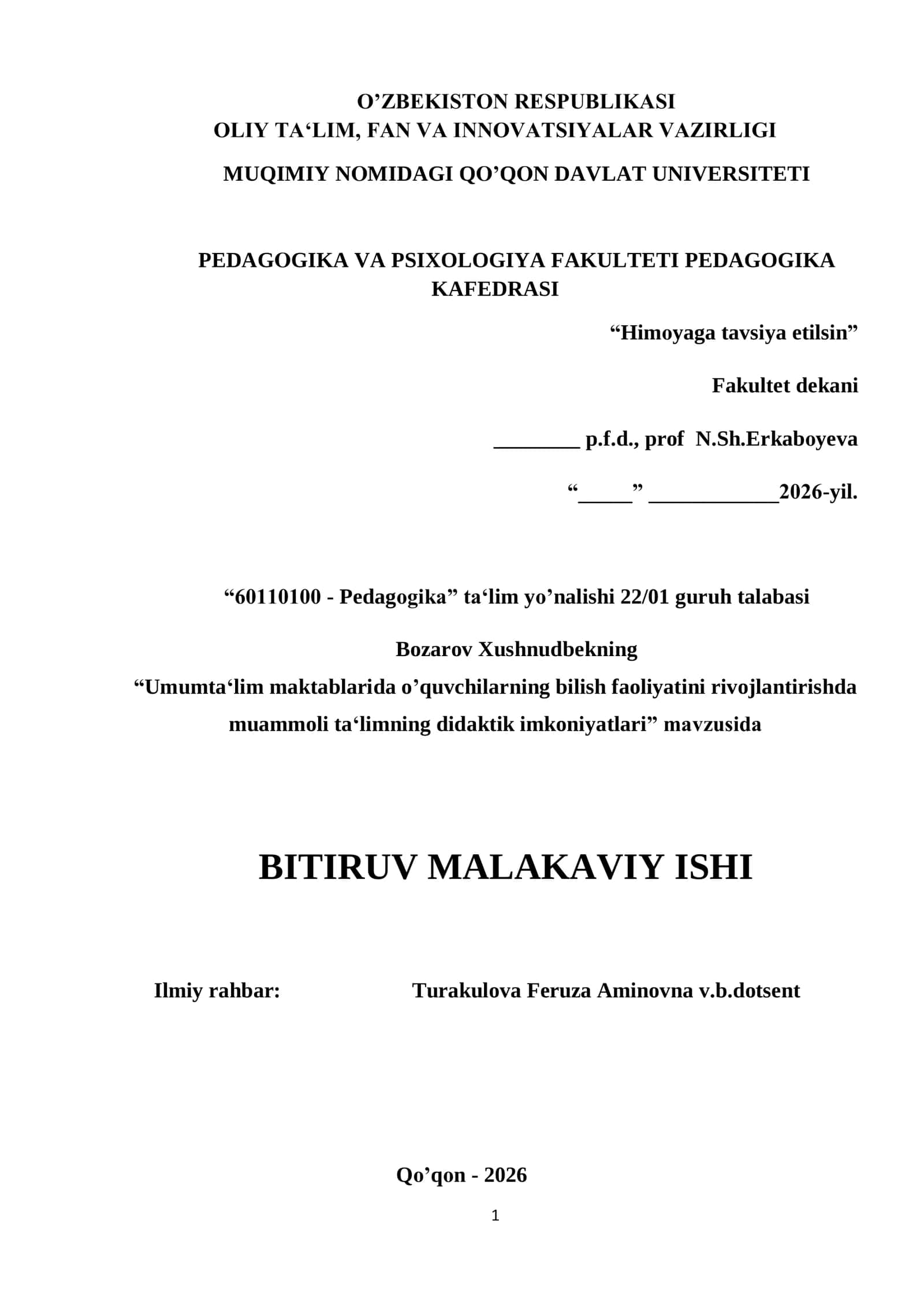 BITIRUV MALAKAVIY ISHI Umumtaʻlim maktablarida o’quvchilarning bilish faoliyatini rivojlantirishda  muammoli taʻlimning didaktik imkoniyatlari