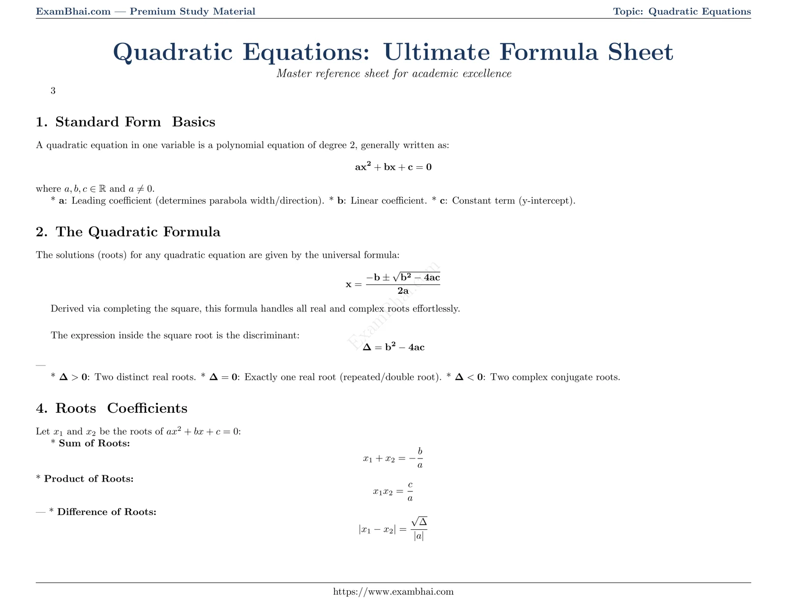 Quadratic Equations: Ultimate Formula Sheet