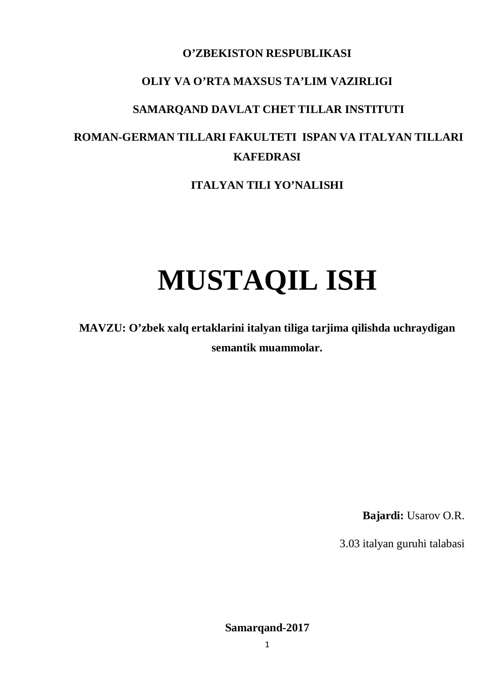 O'zbek xalq ertaklarini italyan tiliga tarjima qilishda uchraydigan semantik muammolar