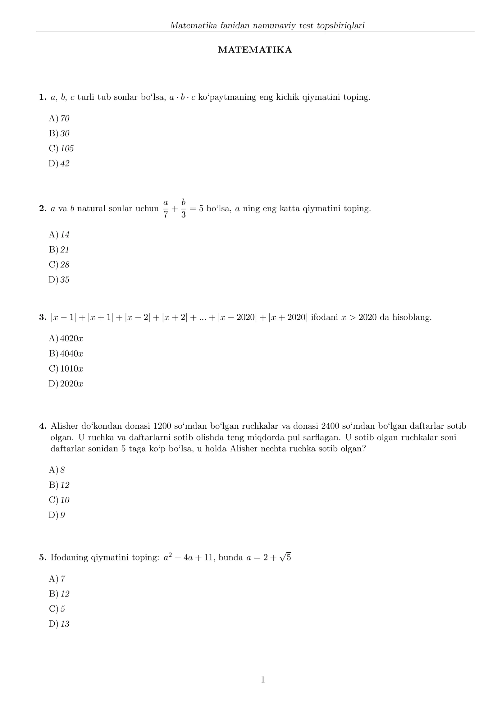 Matematika fanidan namunaviy test topshiriqlari DTM