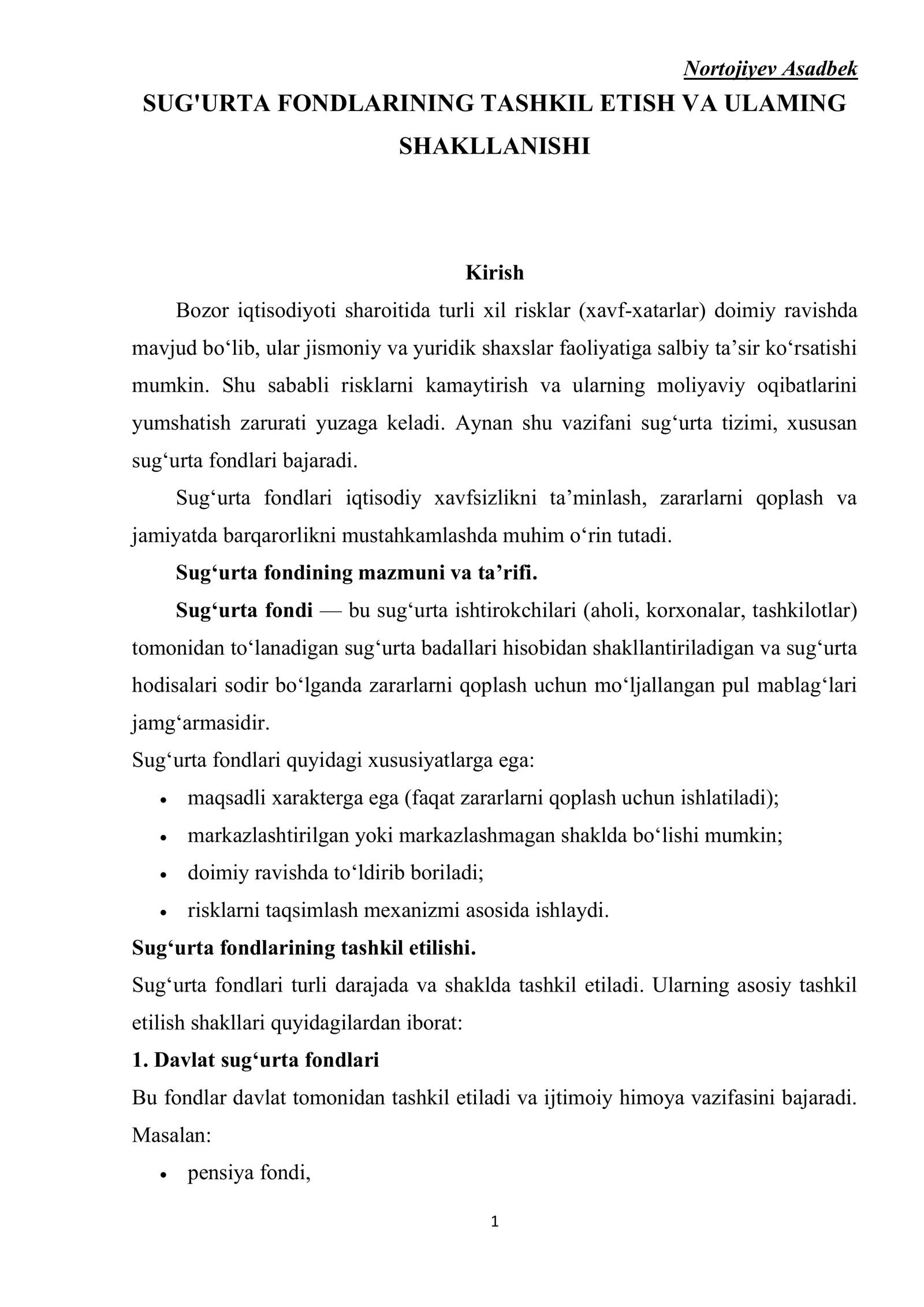 SUG'URTA FONDLARINING TASHKIL ETISH VA ULAMING SHAKLLANISHI