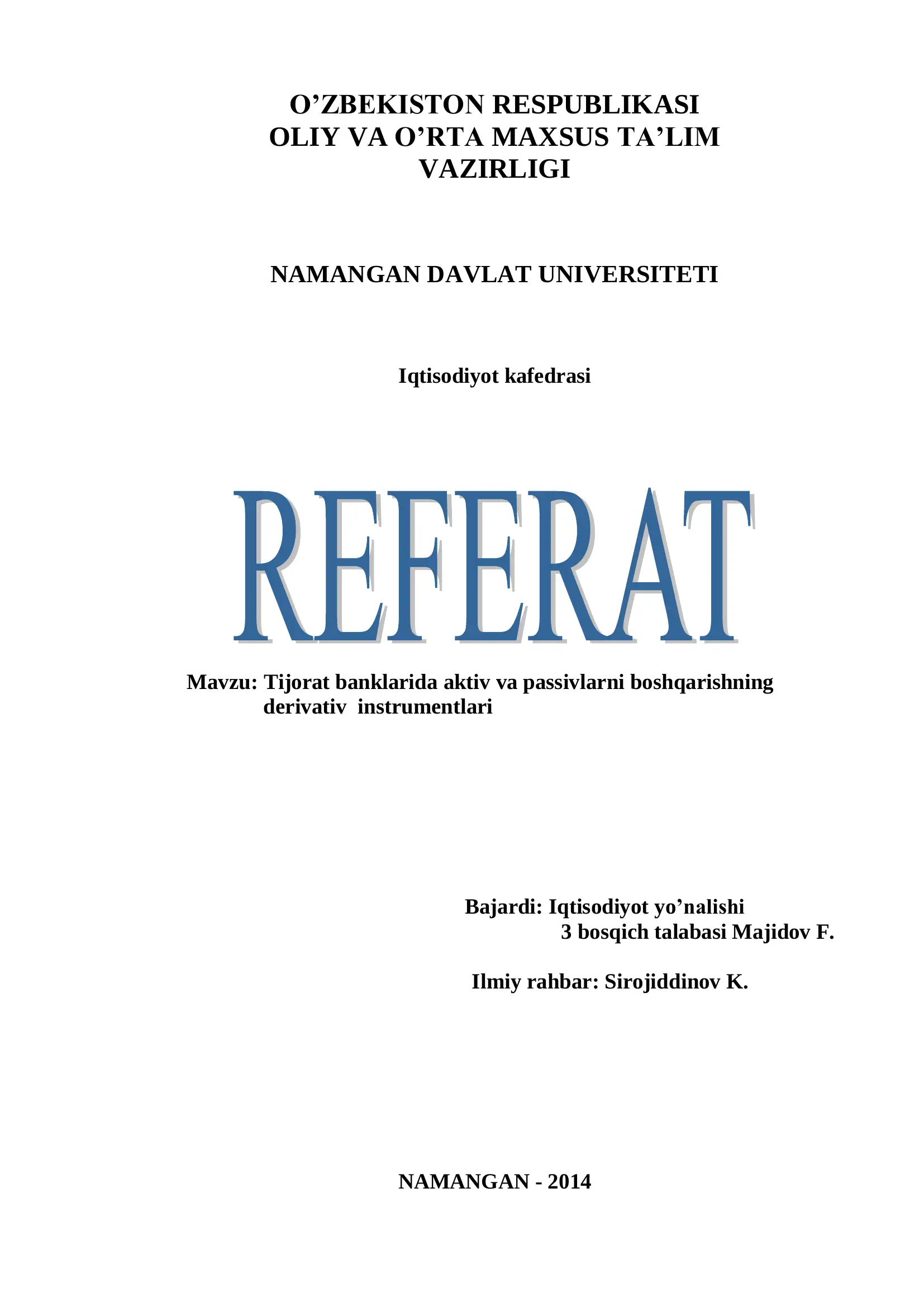 Tijorat banklarida aktiv va passivlarni boshqarishning derivativ instrumentlari