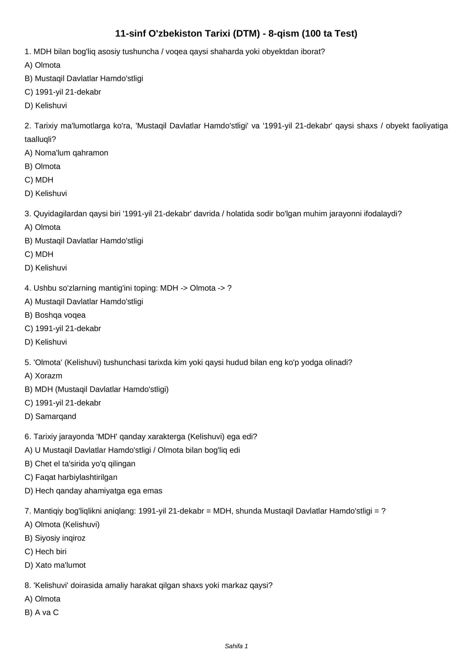 11-sinf O'zbekiston Tarixi (DTM) - 8-qism (100 ta Test)
