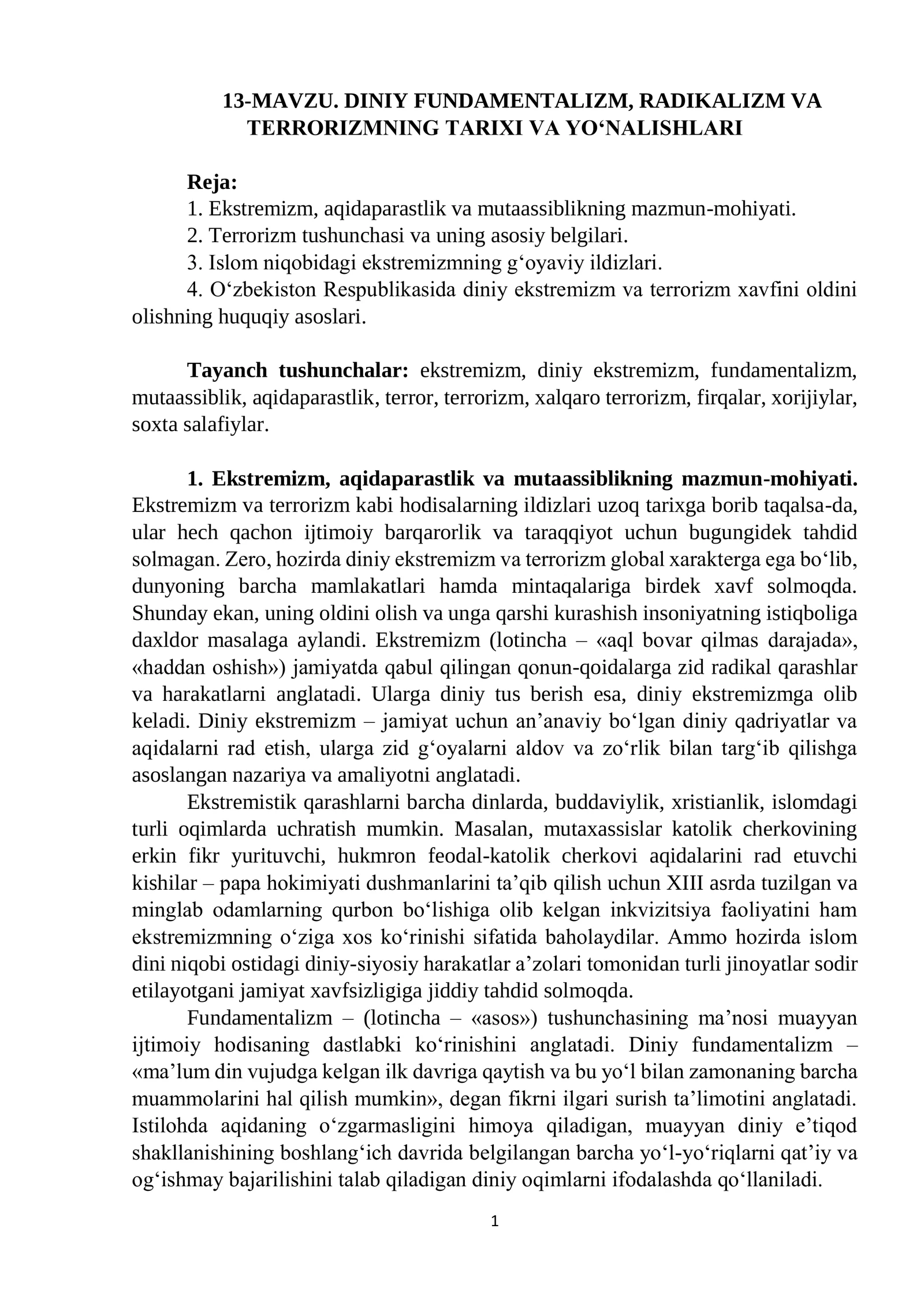 DINIY FUNDAMENTALIZM, RADIKALIZM VA TERRORIZMNING TARIXI VA YO‘NALISHLARI