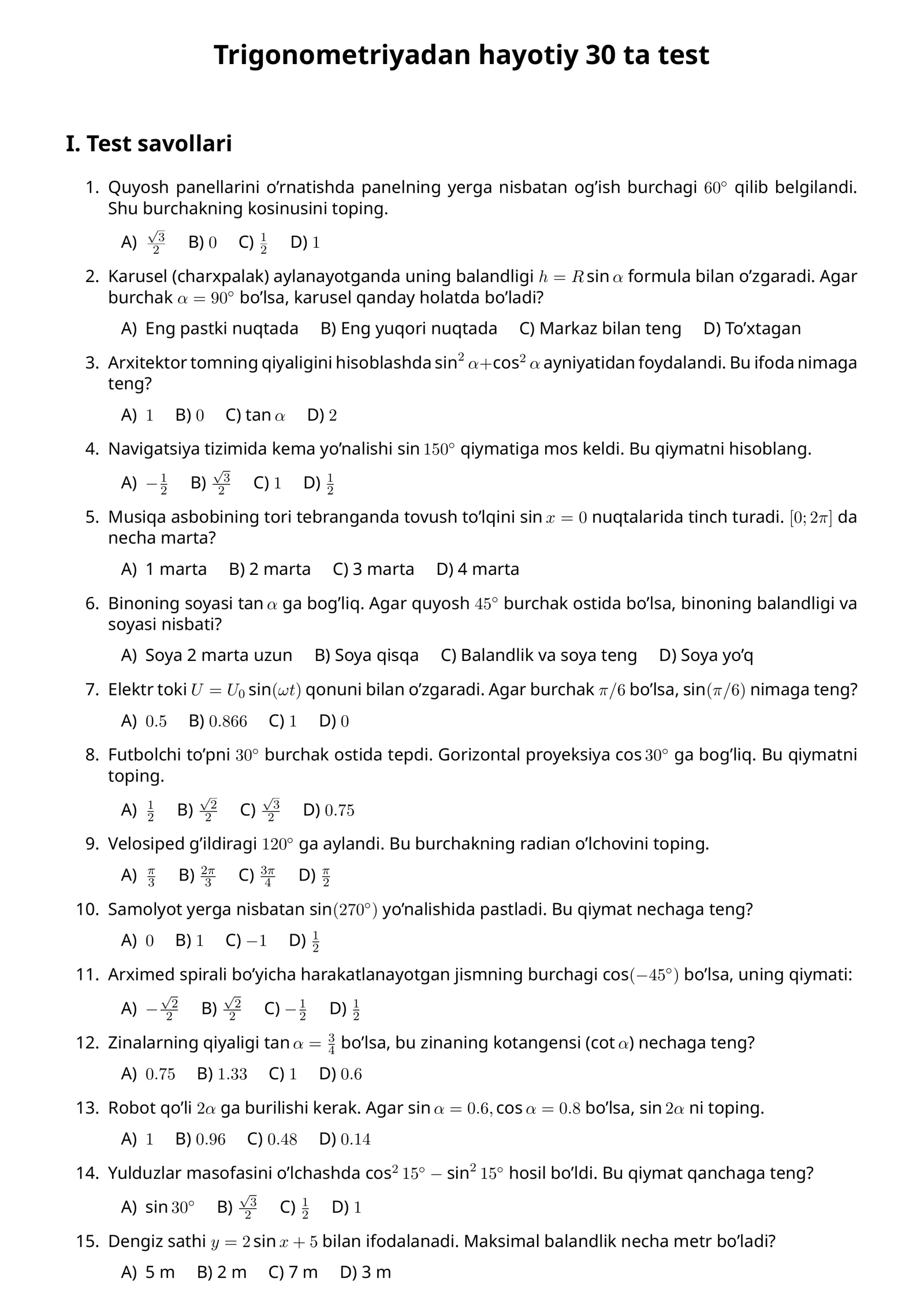 Trigonometriyadan hayotiy 30 ta test