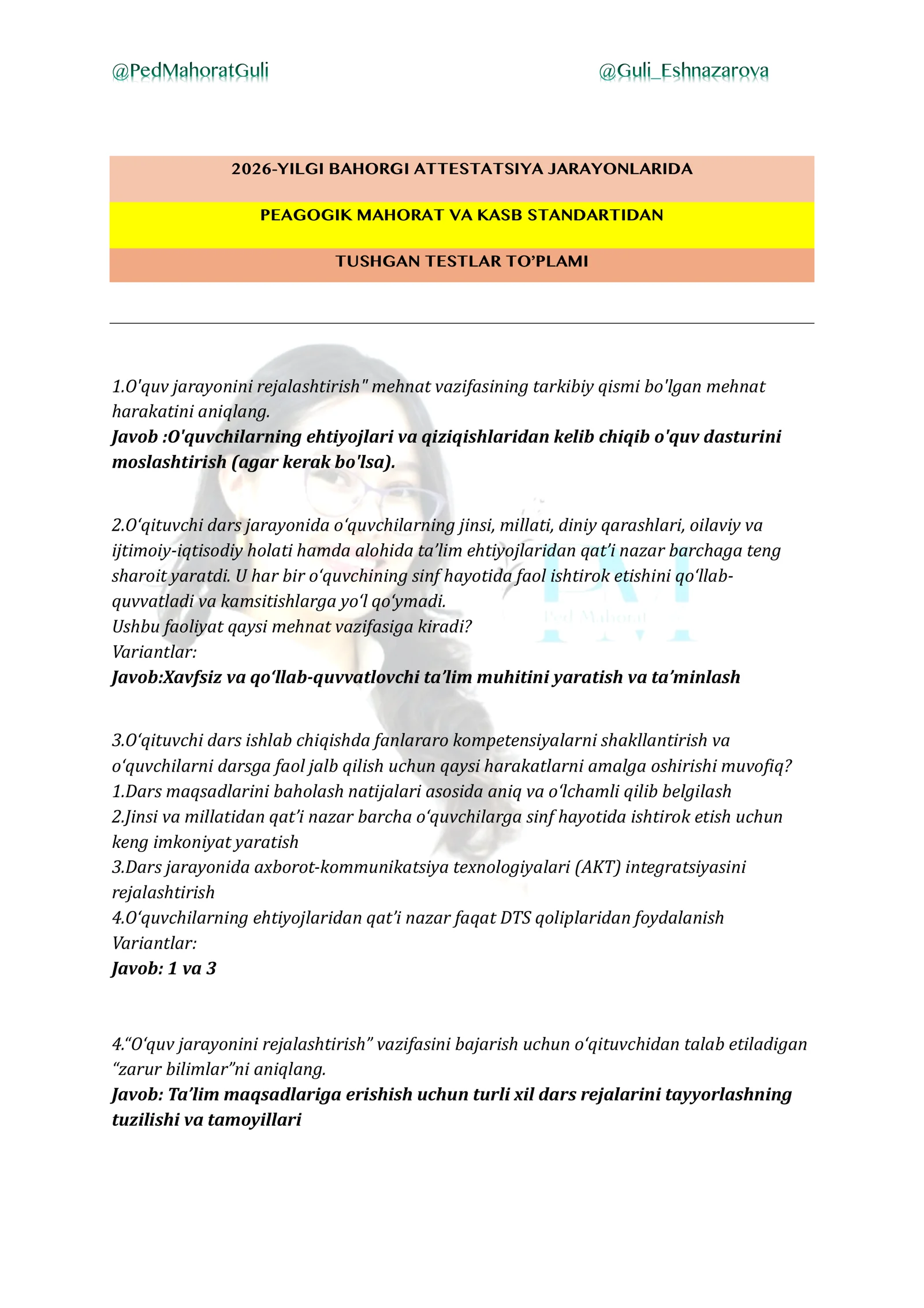 2026-YILGI BAHORGI ATTESTATSIYA JARAYONLARIDA PEAGOGIK MAHORAT VA KASB STANDARTIDAN TUSHGAN TESTLAR TO’PLAMI