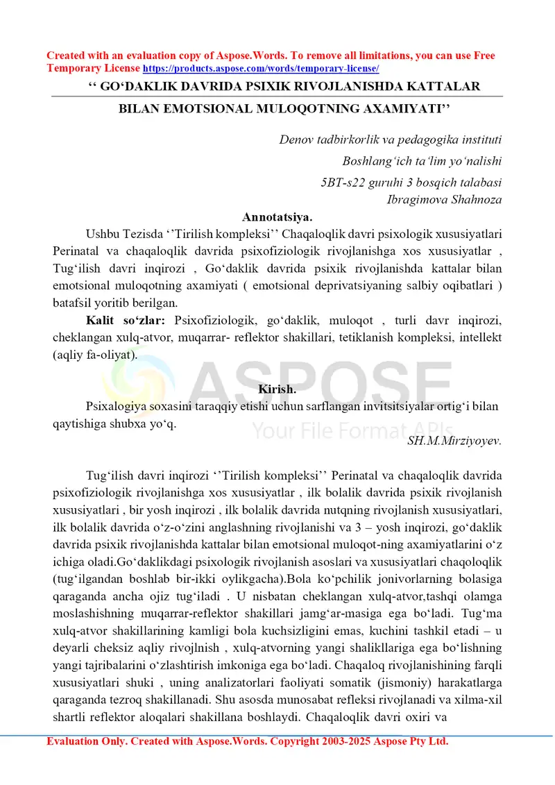 Go‘daklik davrida psixik rivojlanishda kattalar bilan emotsional muloqotning ahamiyati
