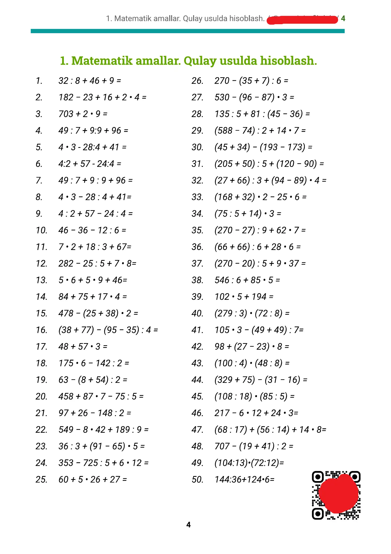 Matematikadan hisoblashga doir 110 ta misol. (3-4-5-sinf uchun)