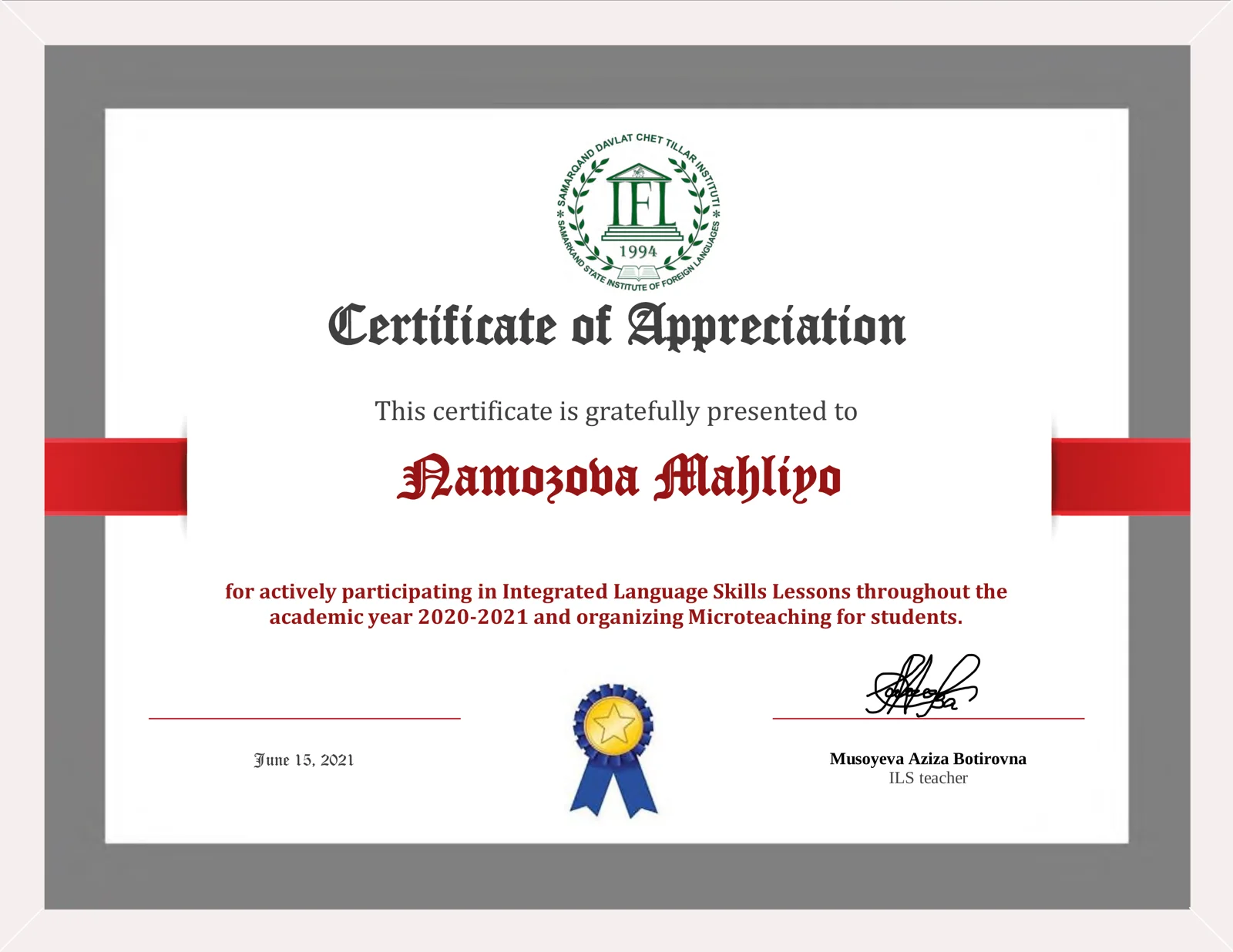 Certificate of Appreciation