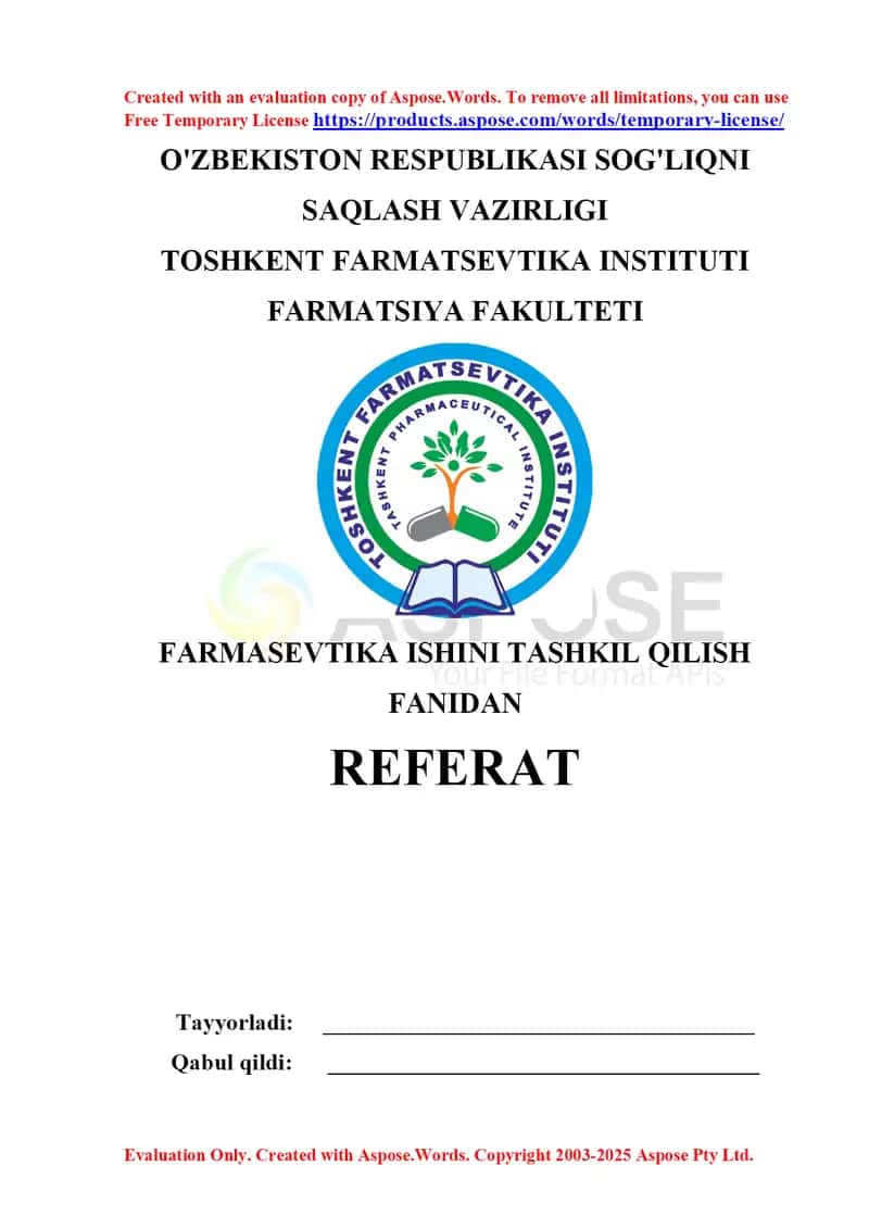 “Dori vositalari va farmasevtika faoliyati to‘g‘risida”gi Qonun, unga kiritilgan o’zgartirishlar va qo’shimchalar haqida. Referat 7 bet.