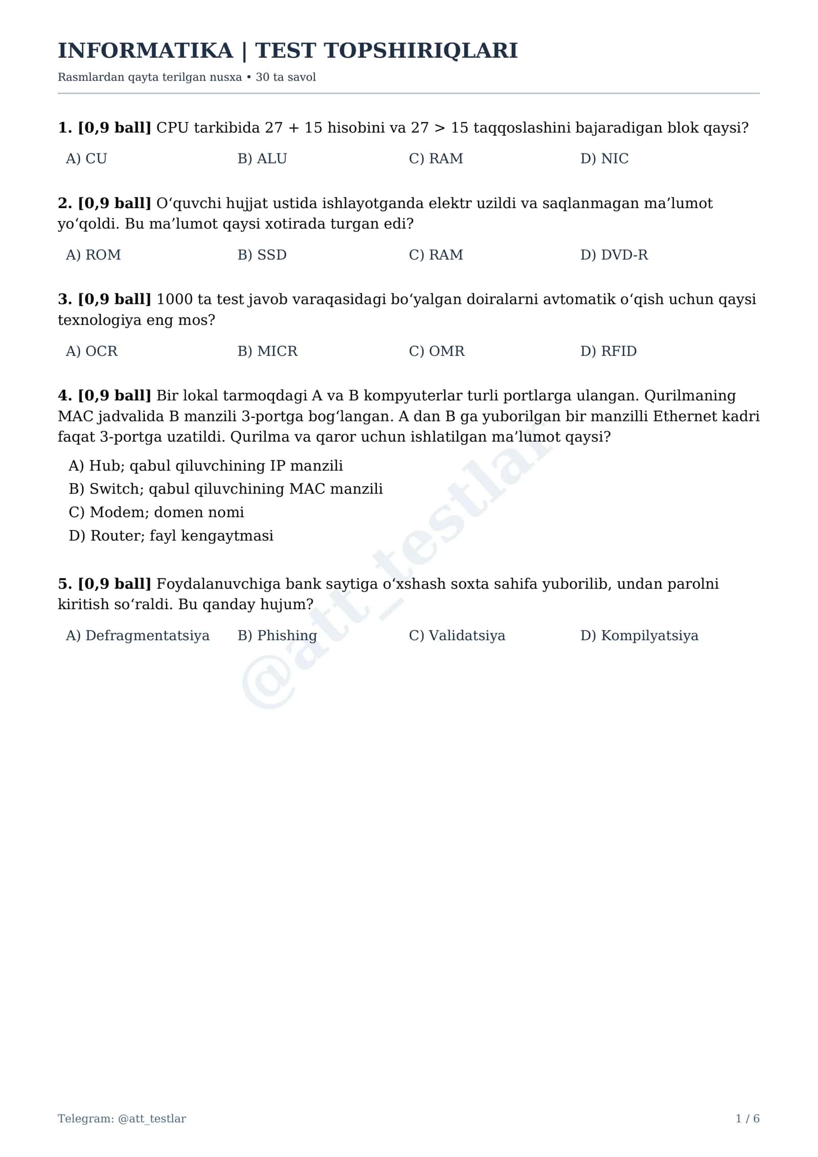 INFORMATIKA | TEST TOPSHIRIQLARI
