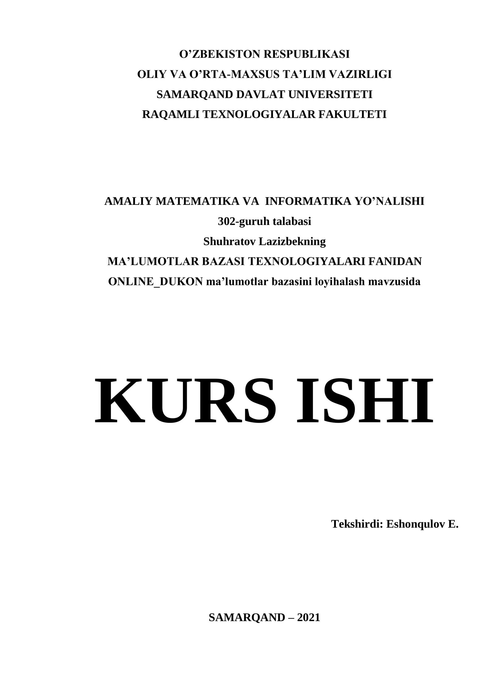 MA’LUMOTLAR BAZASI TEXNOLOGIYALARI FANIDAN ONLINE_DUKON