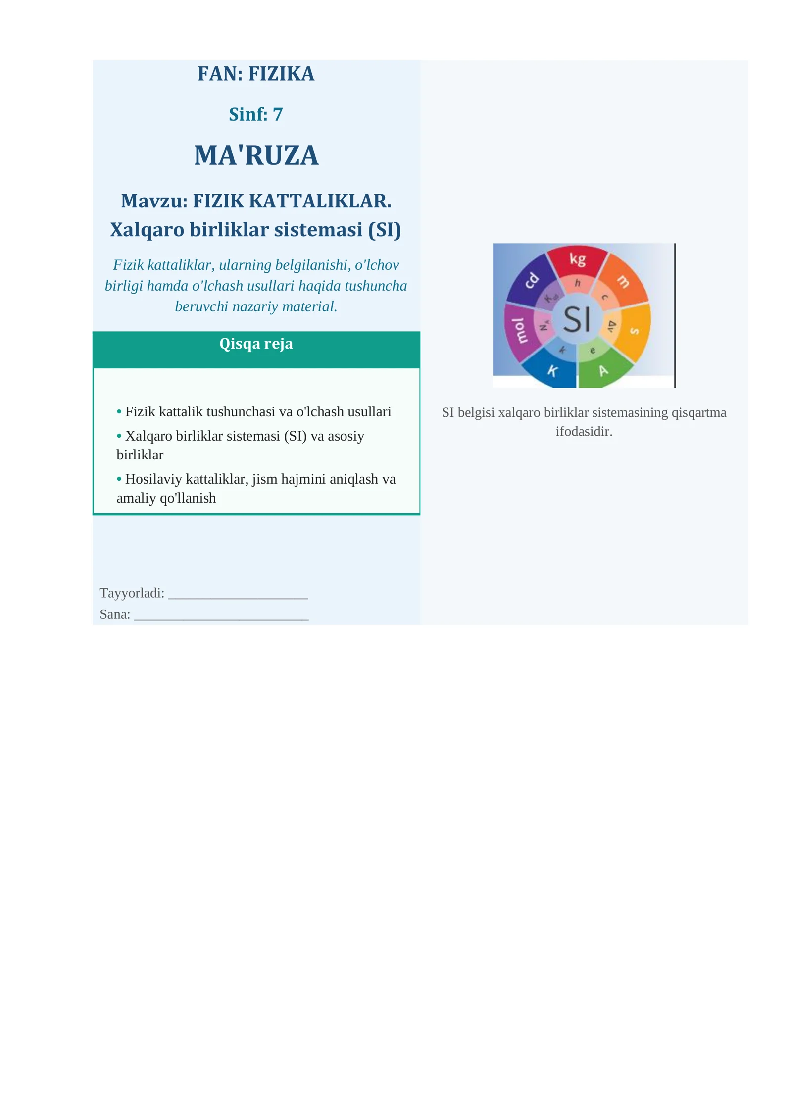 FIZIK KATTALIKLAR. Xalqaro birliklar sistemasi (SI)