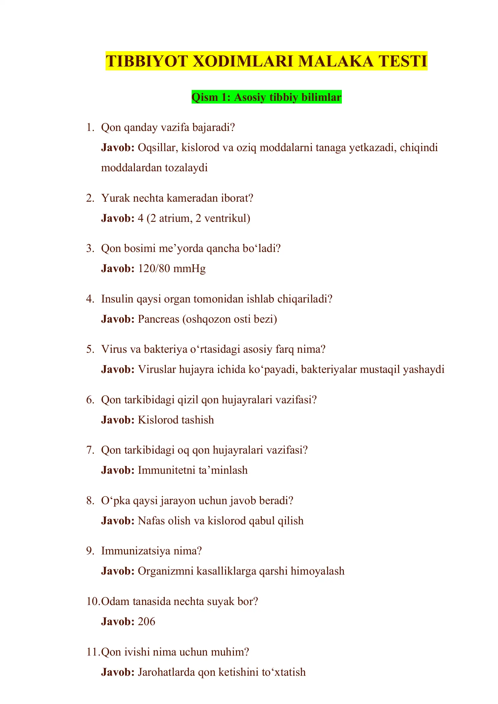 TIBBIYOT XODIMLARI MALAKA TESTI