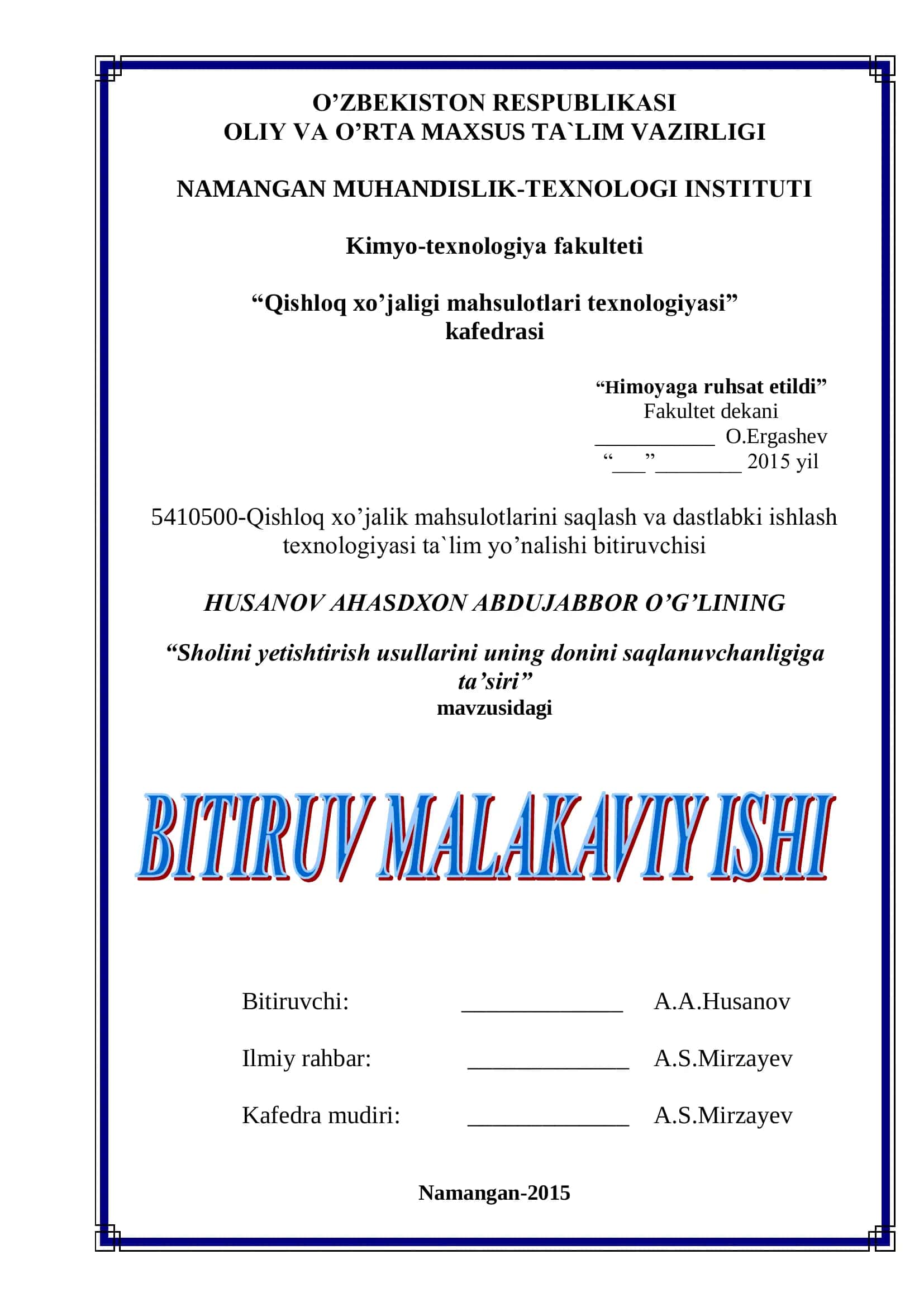 Qishloq xo’jaligi mahsulotlari texnologiyasi