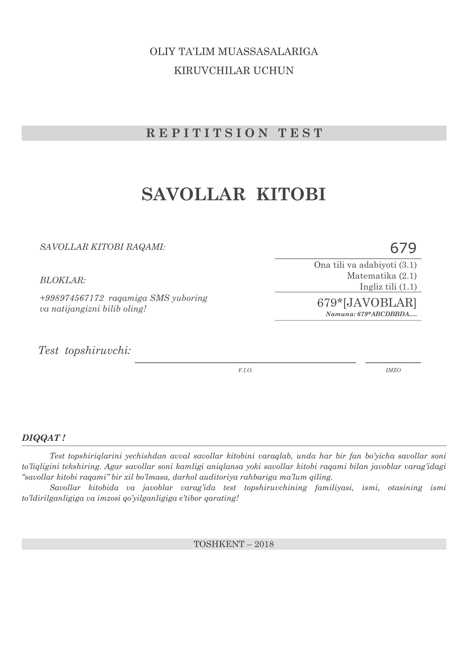 REPETITSION TEST SAVOLLAR KITOBI