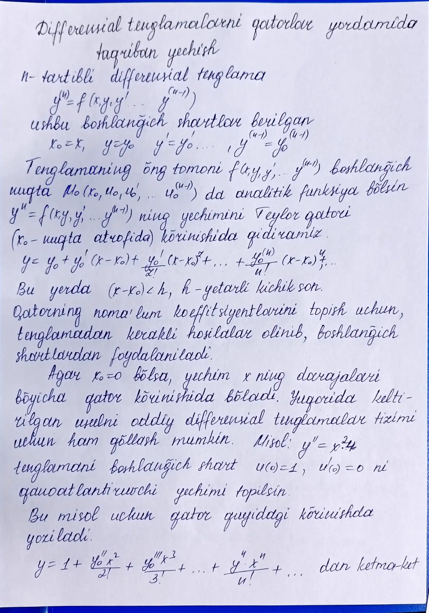 Differensial tenglamalarni qatorlar yordamida taqriban yechish