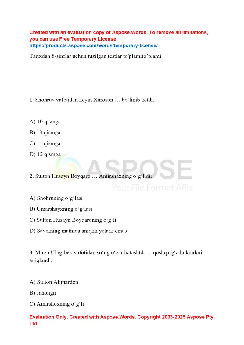 Tarixdan testlar