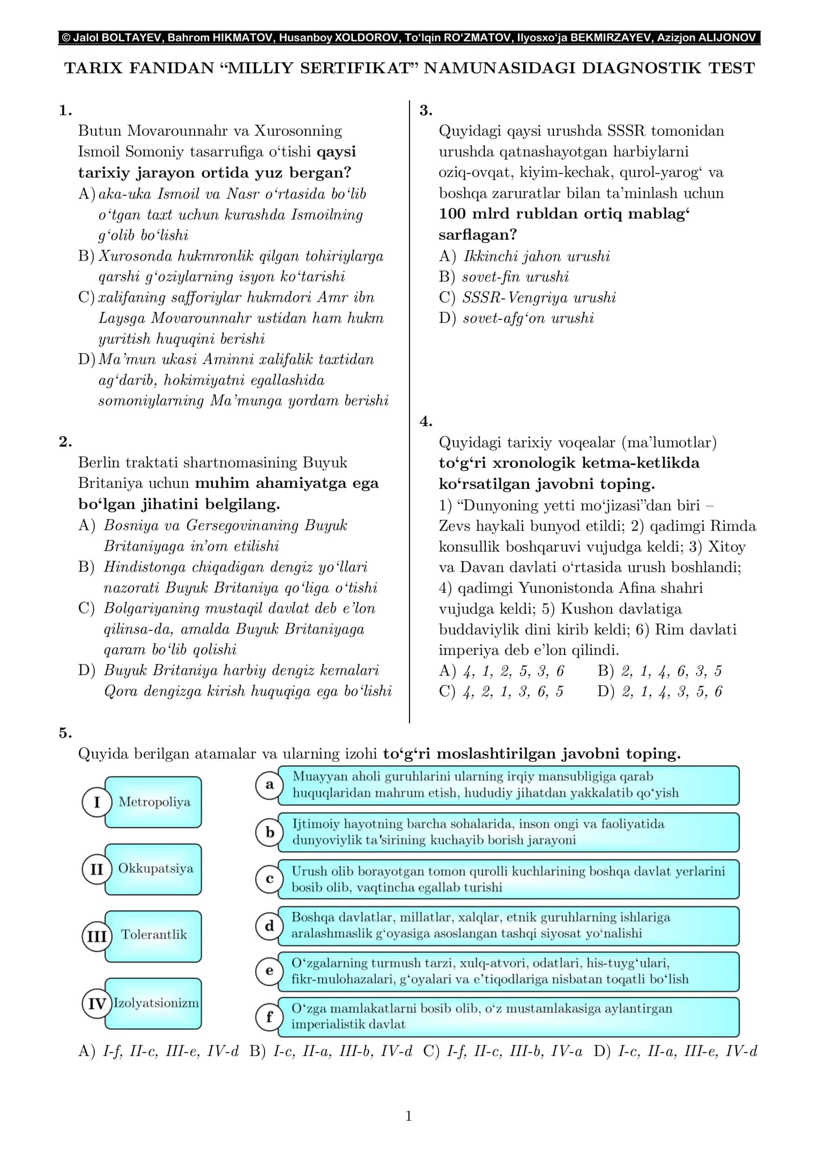 “MILLIY SERTIFIKAT” NAMUNASIDAGI DIAGNOSTIK TEST