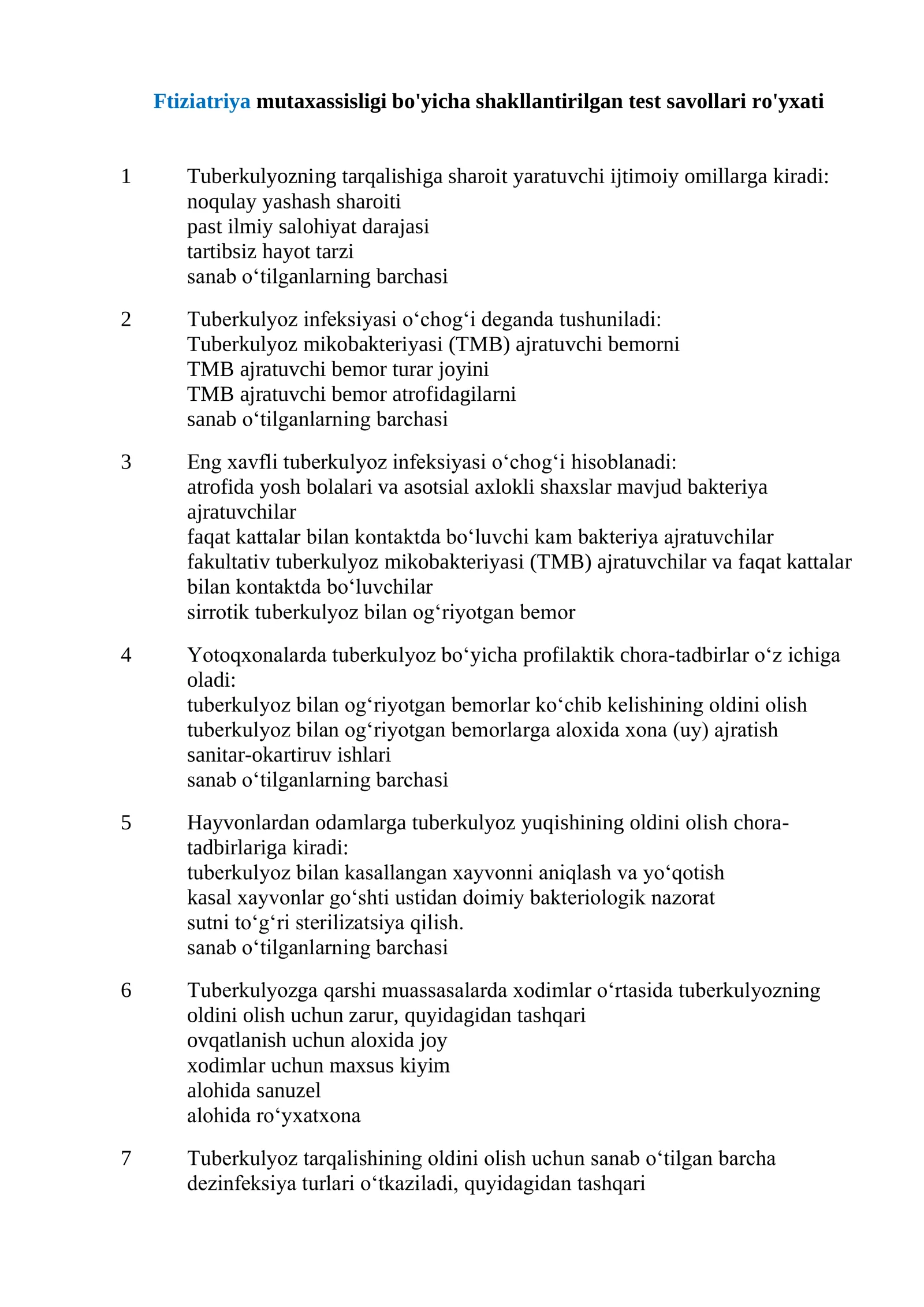 Ftiziatriya mutaxassisligi bo'yicha shakllantirilgan test savollari ro'yxati 2026