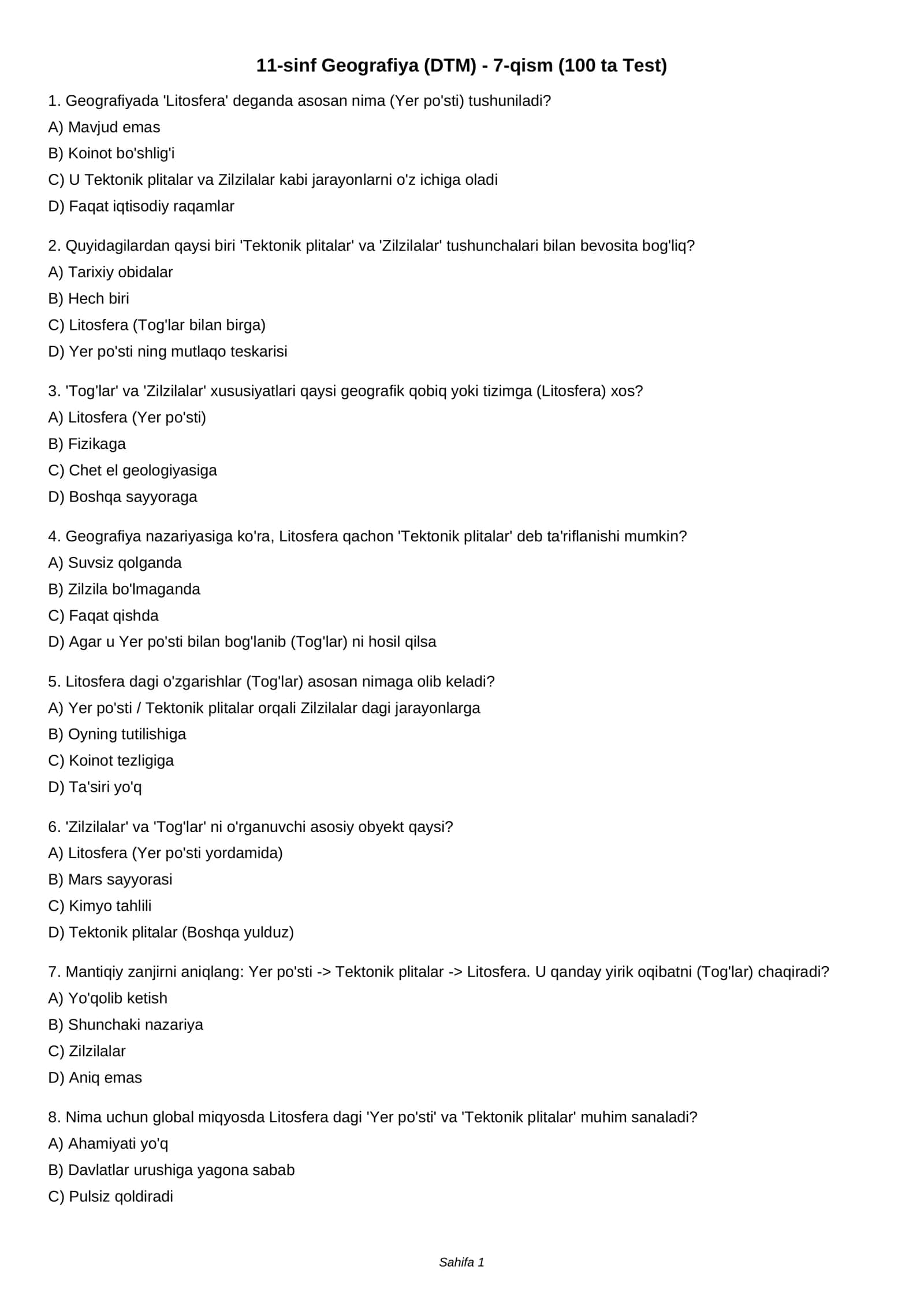 11-sinf Geografiya (DTM) - 7-qism (100 ta Test)