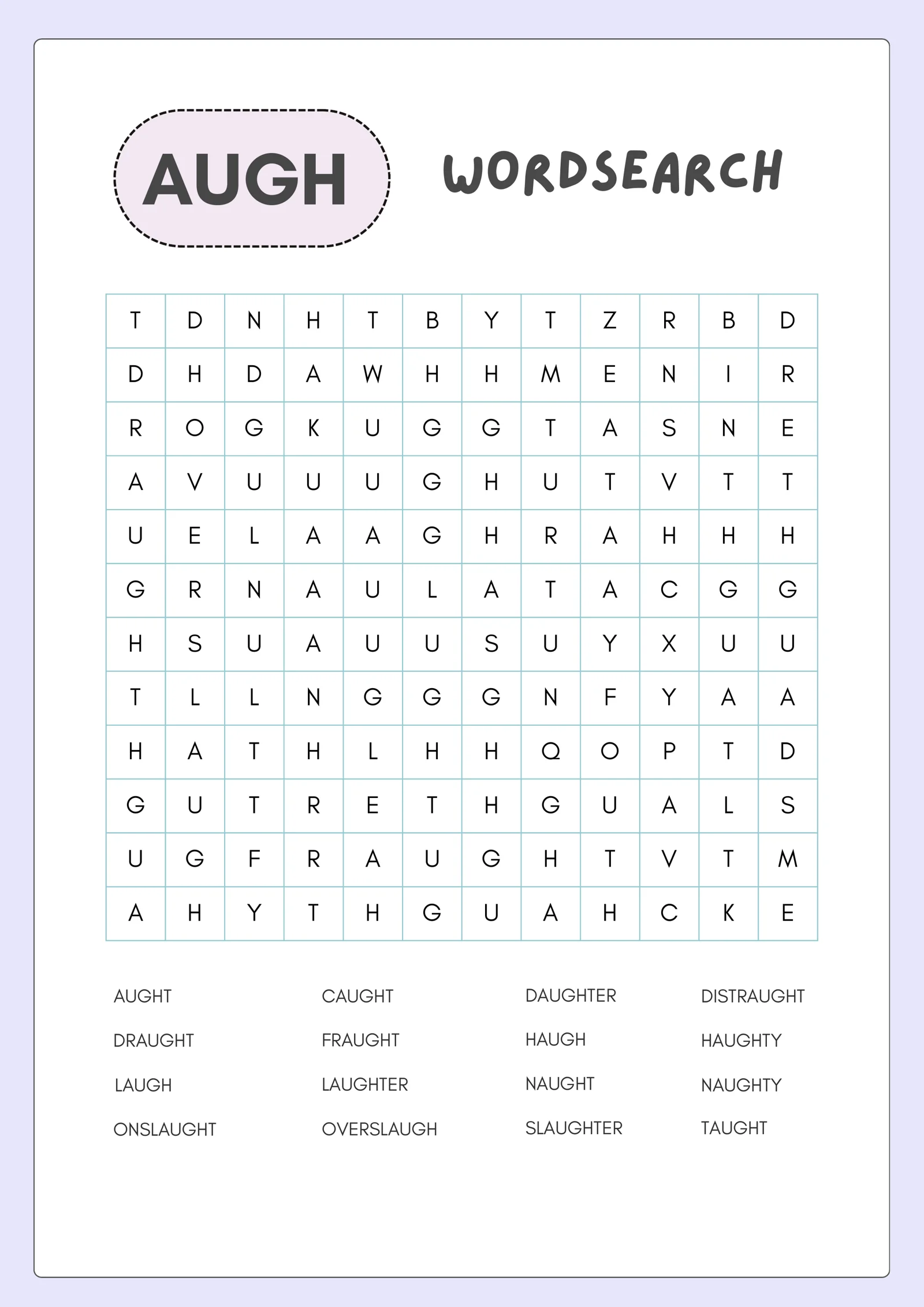 Ingliz tili Fonetika O‘yini: -AUGH- So‘z Qidirish (Wordsearch) — Chop etishga tayyor (PDF)