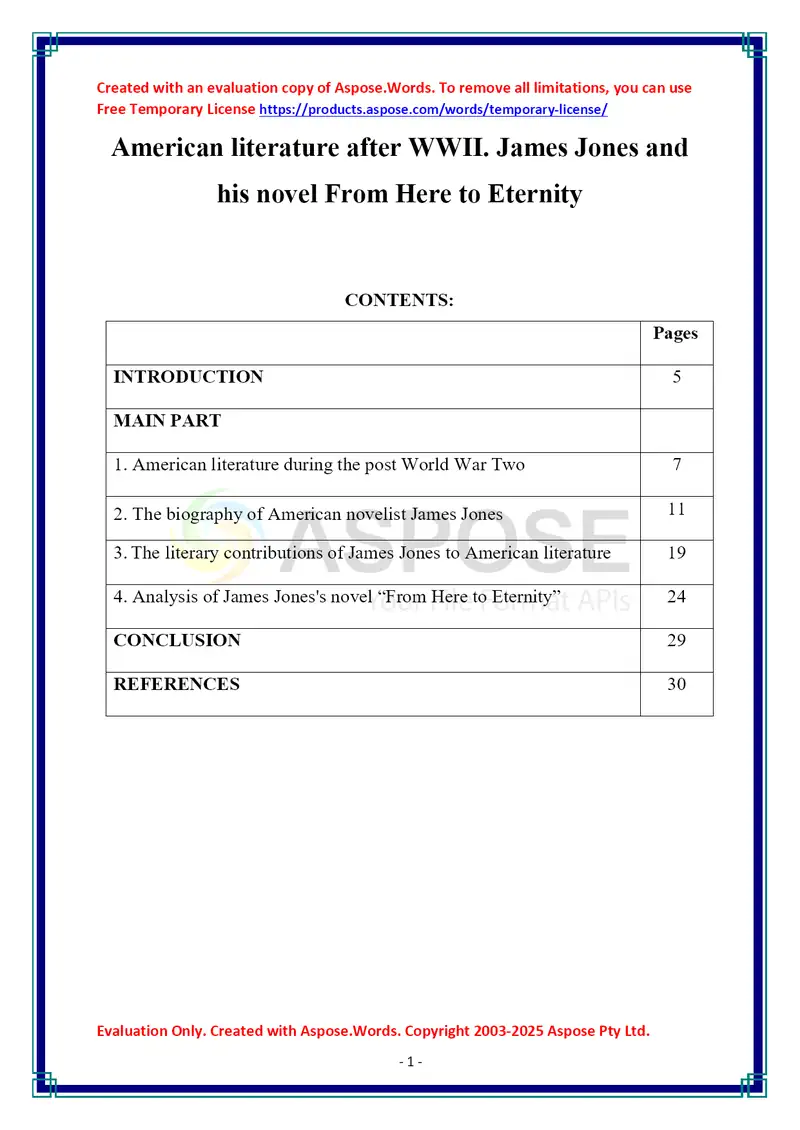 American Literature After WWII: James Jones and His Novel "From Here to Eternity"