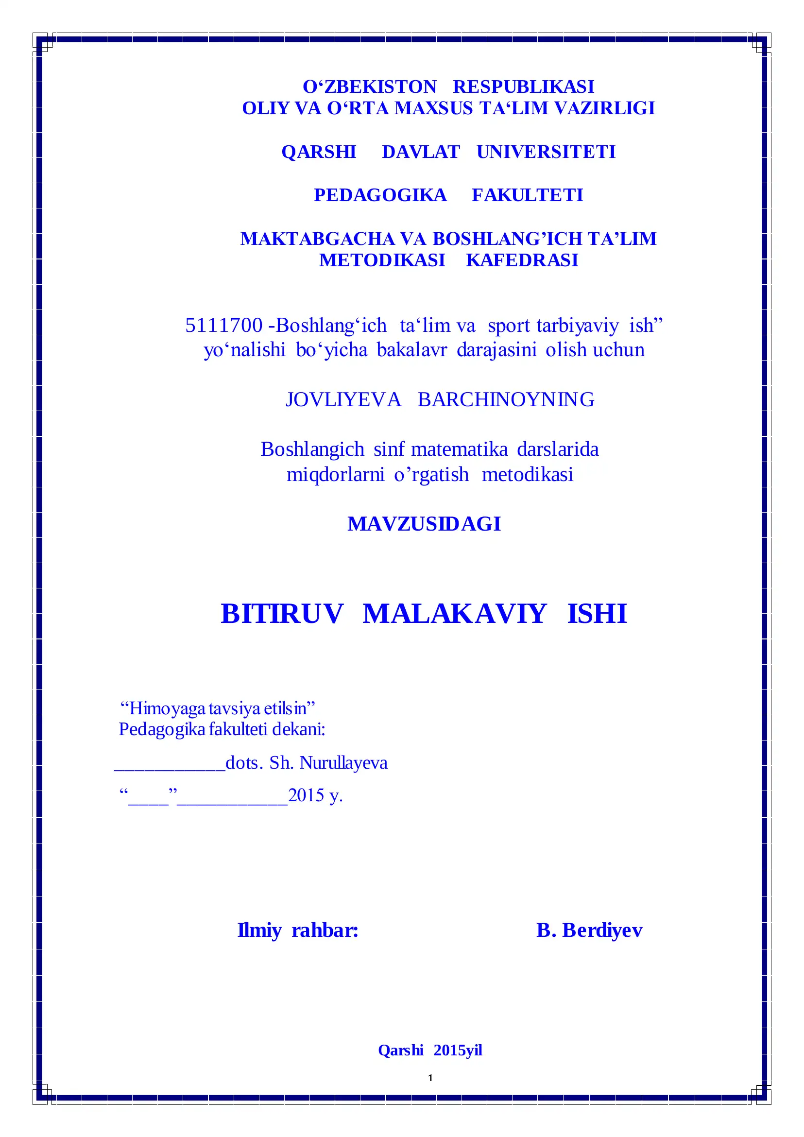 Boshlangich sinf matematika darslarida miqdorlarni o’rgatish metodikasi