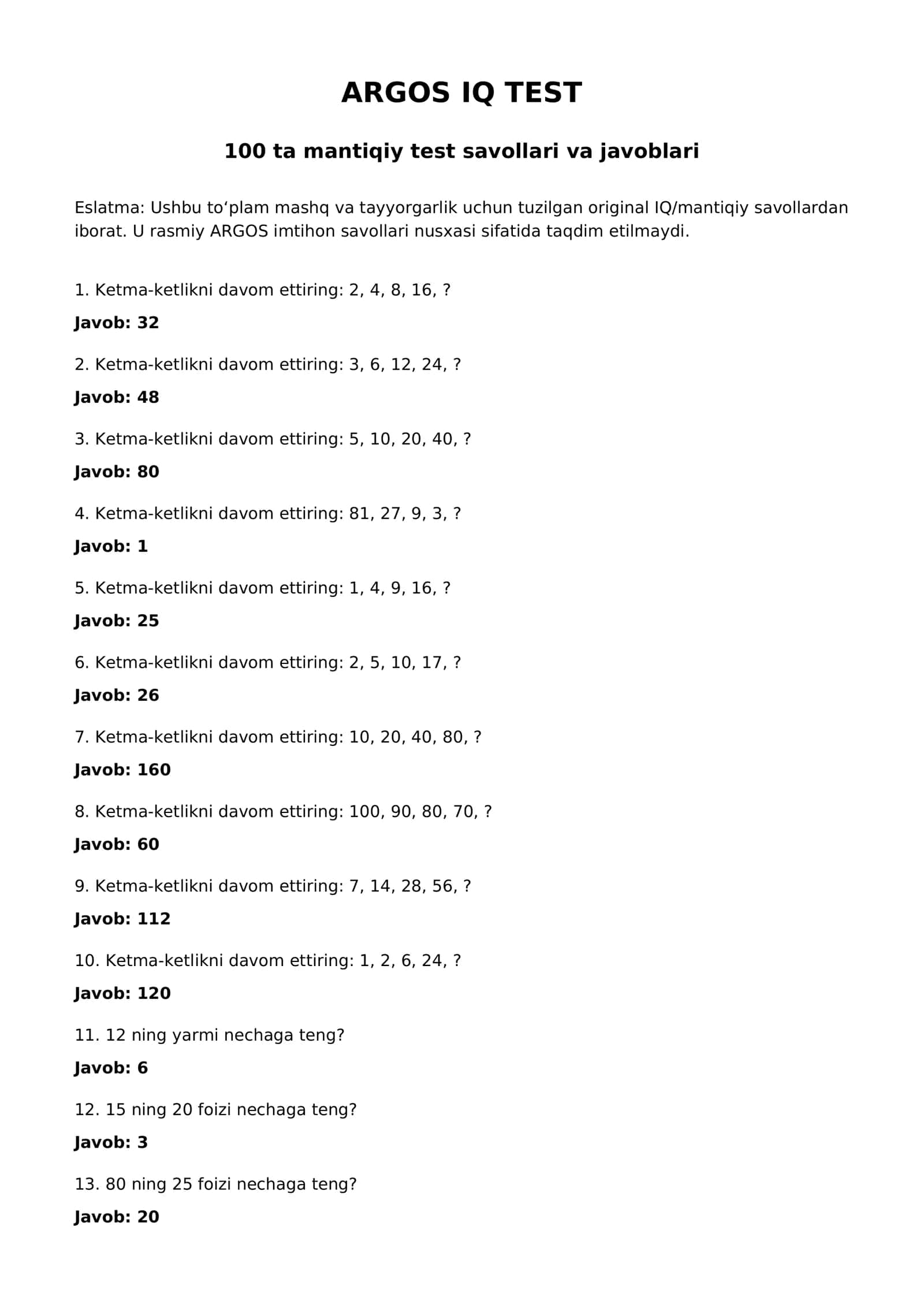 ARGOS IQ Test — 100 ta mantiqiy test savollari va javoblari
