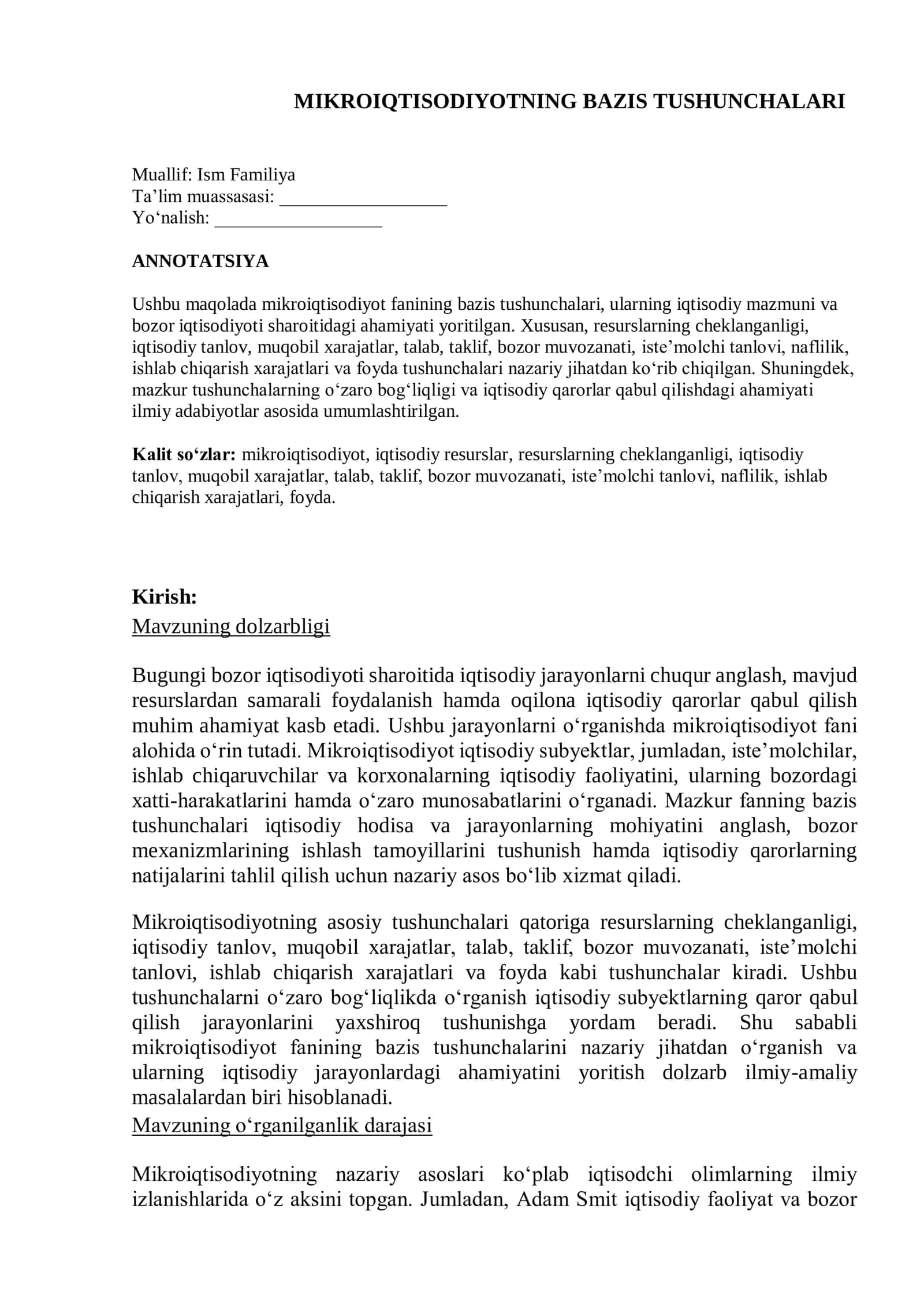 “Mikroiqtisodiyotning bazis tushunchalari — ilmiy maqola”