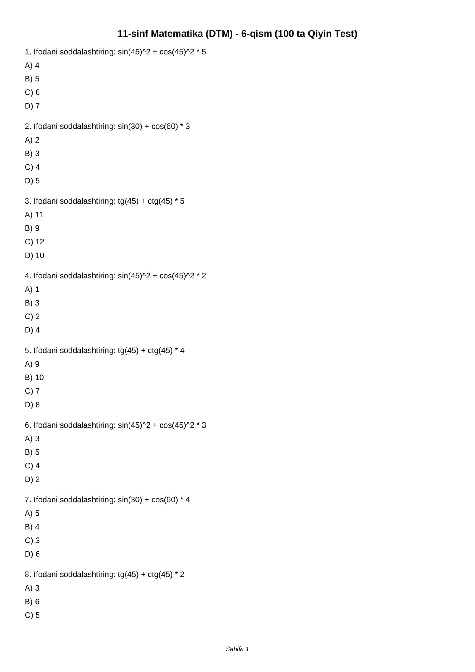 11-sinf Matematika (DTM) - 6-qism (100 ta Qiyin Test)