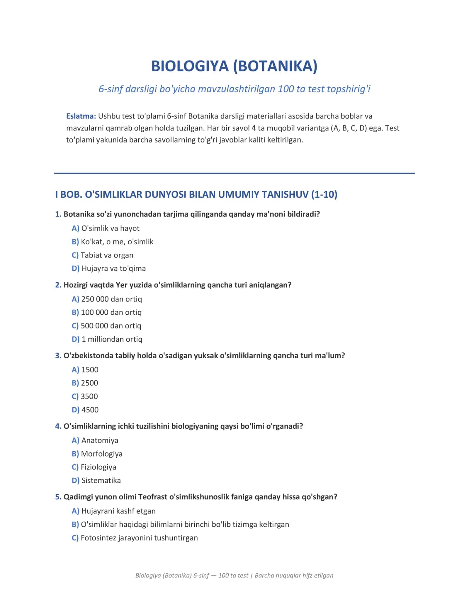 Biologiya (Botanika) 6-sinf — 100 ta test | Barcha huquqlar hifz etilgan