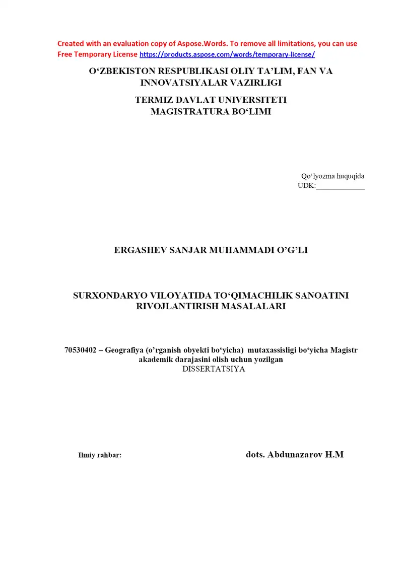 Surxondaryo viloyatida yengil sanoat rivojlanish istiqbollari