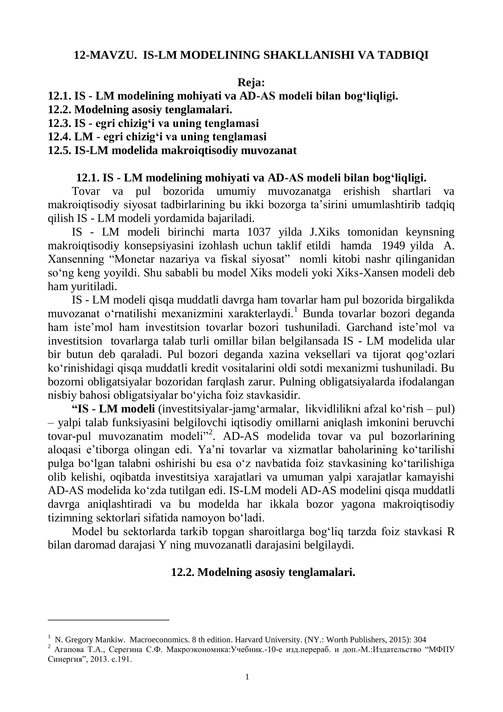 IS-LM MODELINING SHAKLLANISHI VA TADBIQI