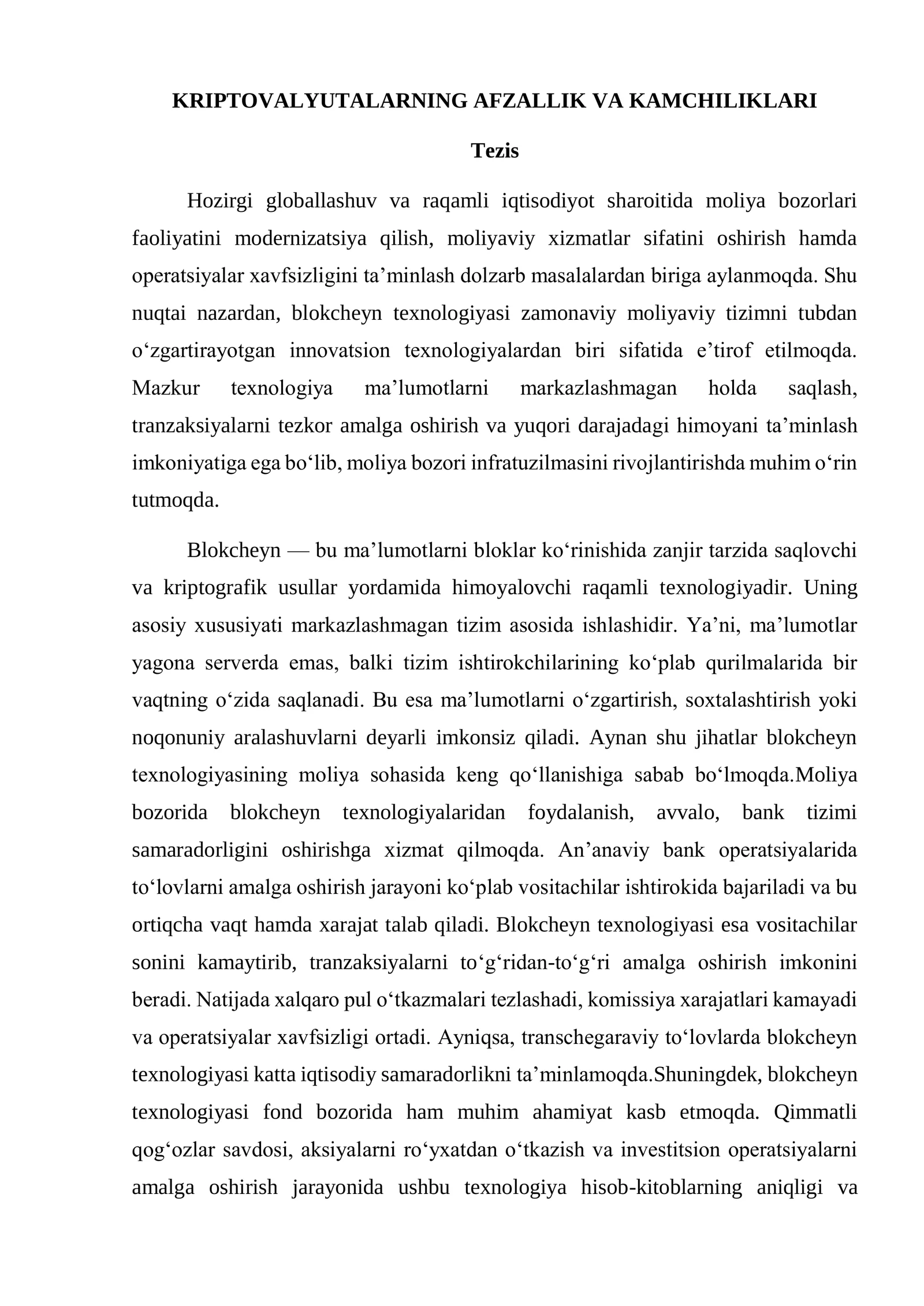 KRIPTOVALYUTALARNING AFZALLIK VA KAMCHILIKLARI