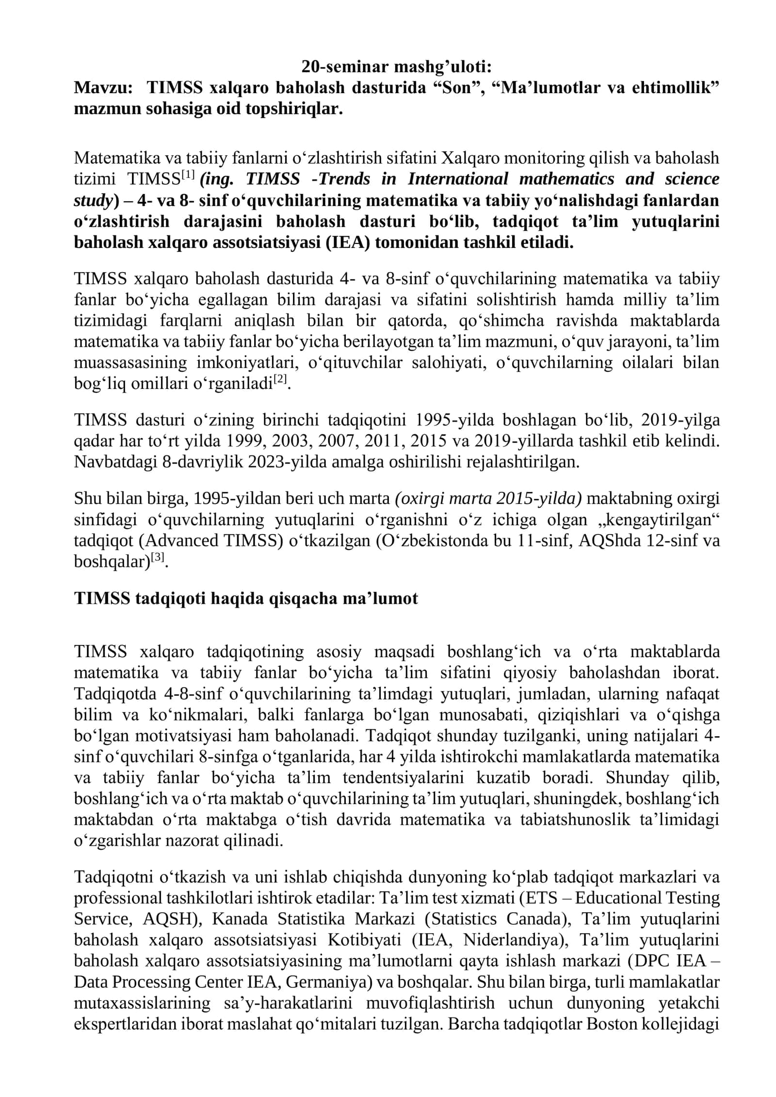 TIMSS xalqaro baholash dasturida “Son”, “Ma’lumotlar va ehtimollik” mashg’uloti