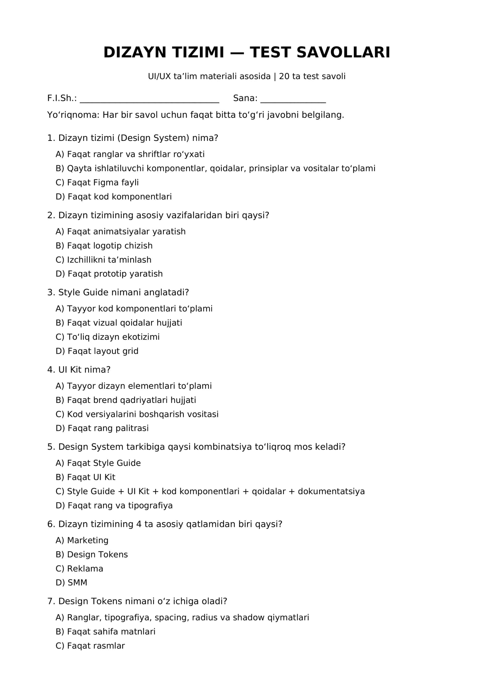 DIZAYN TIZIMI — TEST SAVOLLARI