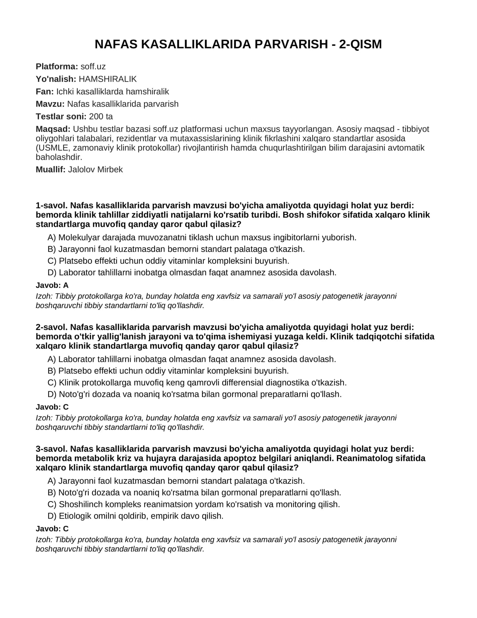 NAFAS KASALLIKLARIDA PARVARISH - 2-QISM
