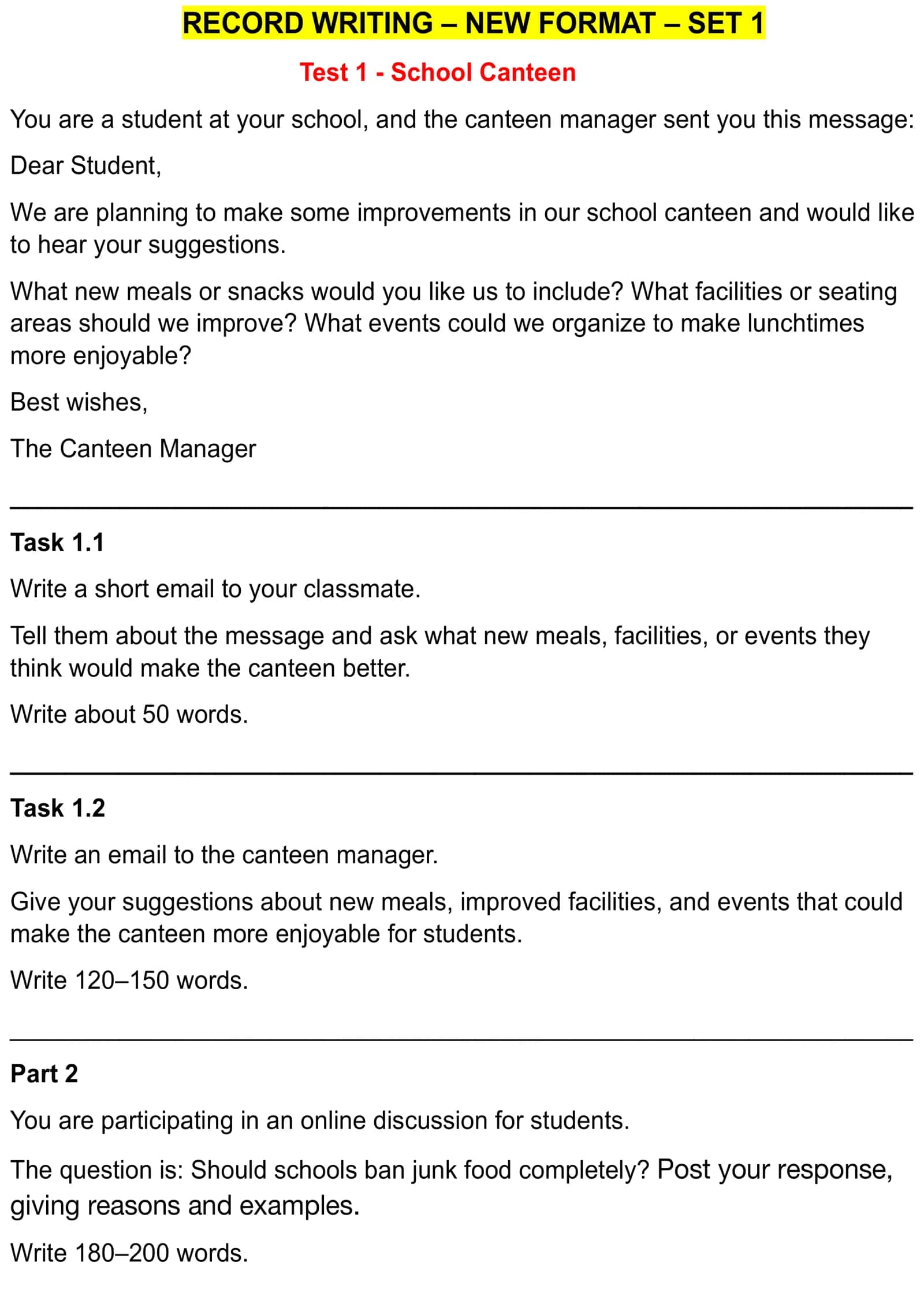 RECORD WRITING – NEW FORMAT – SET 1