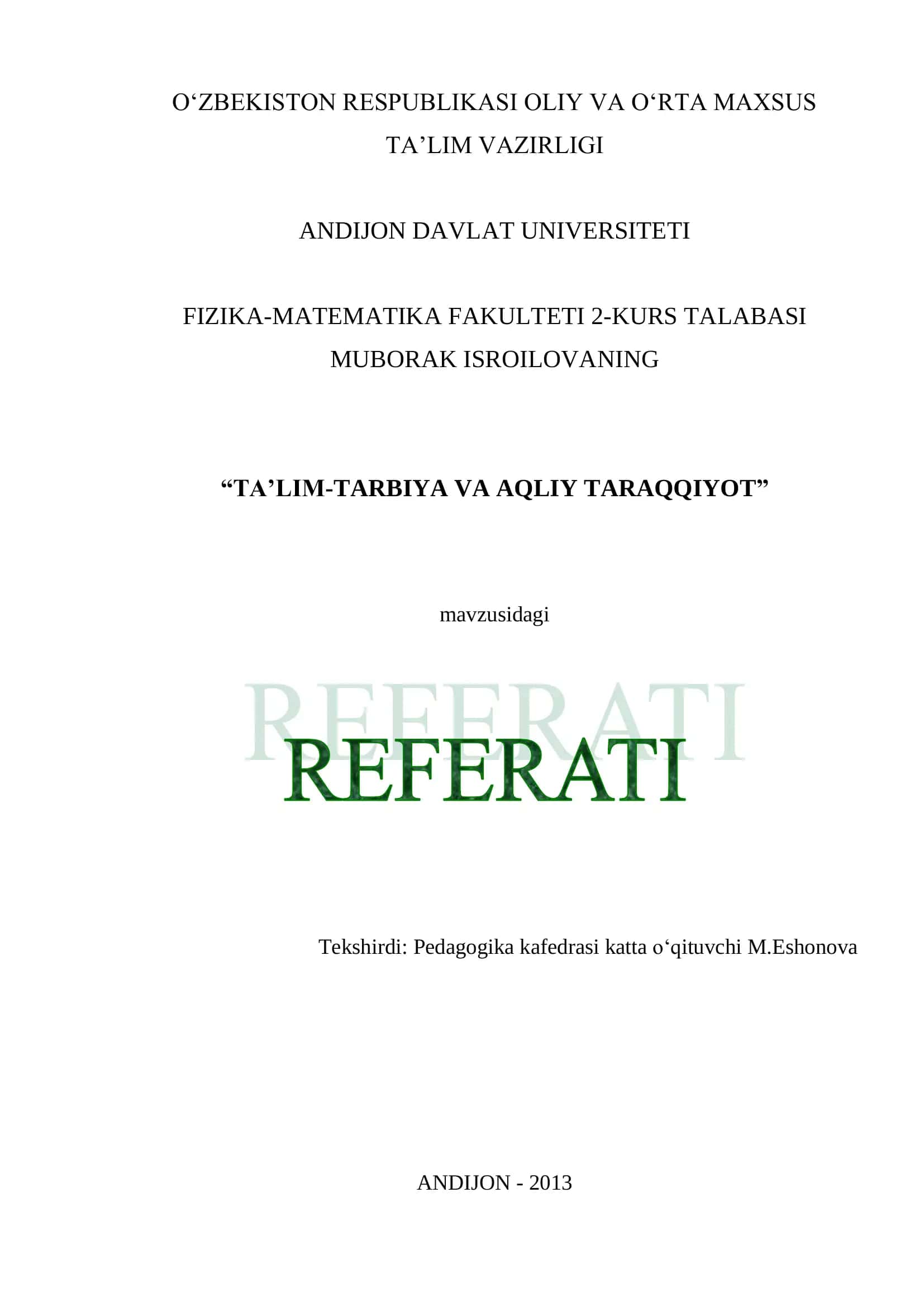 TA’LIM-TARBIYA VA AQLIY TARAQQIYOT