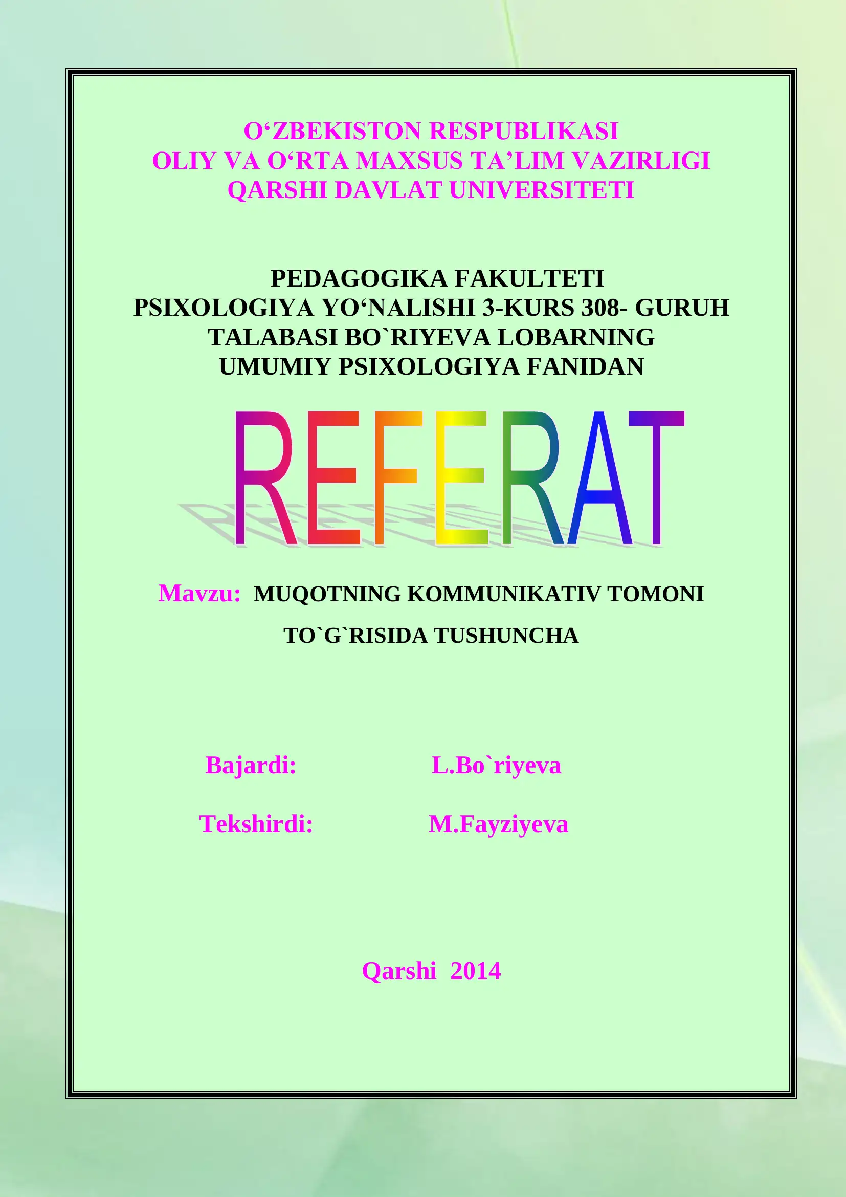 MUQOTNING KOMMUNIKATIV TOMONI TO`G`RISIDA TUSHUNCHA