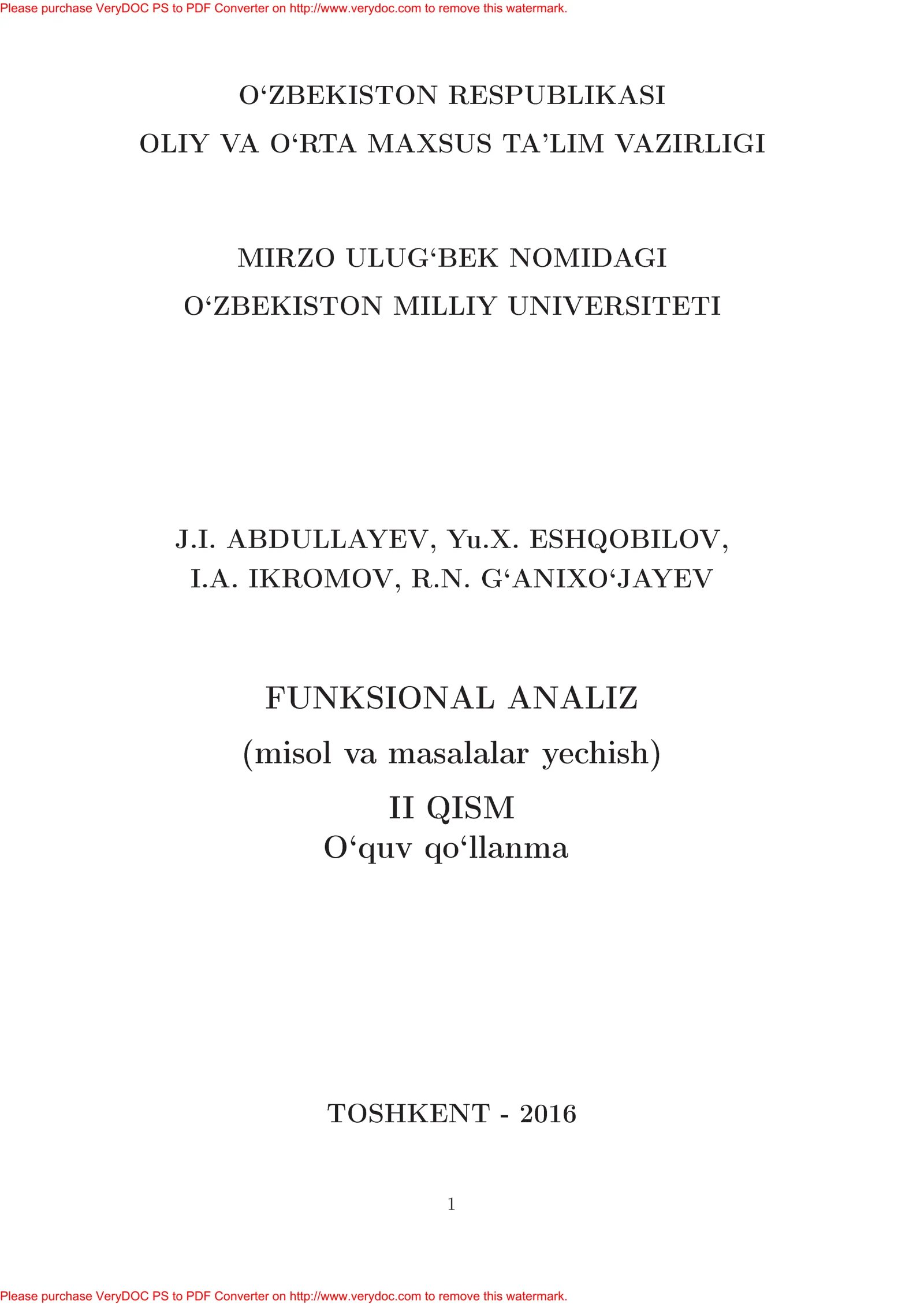 FUNKSIONAL ANALIZ (misol va masalalar yechish) II QISM