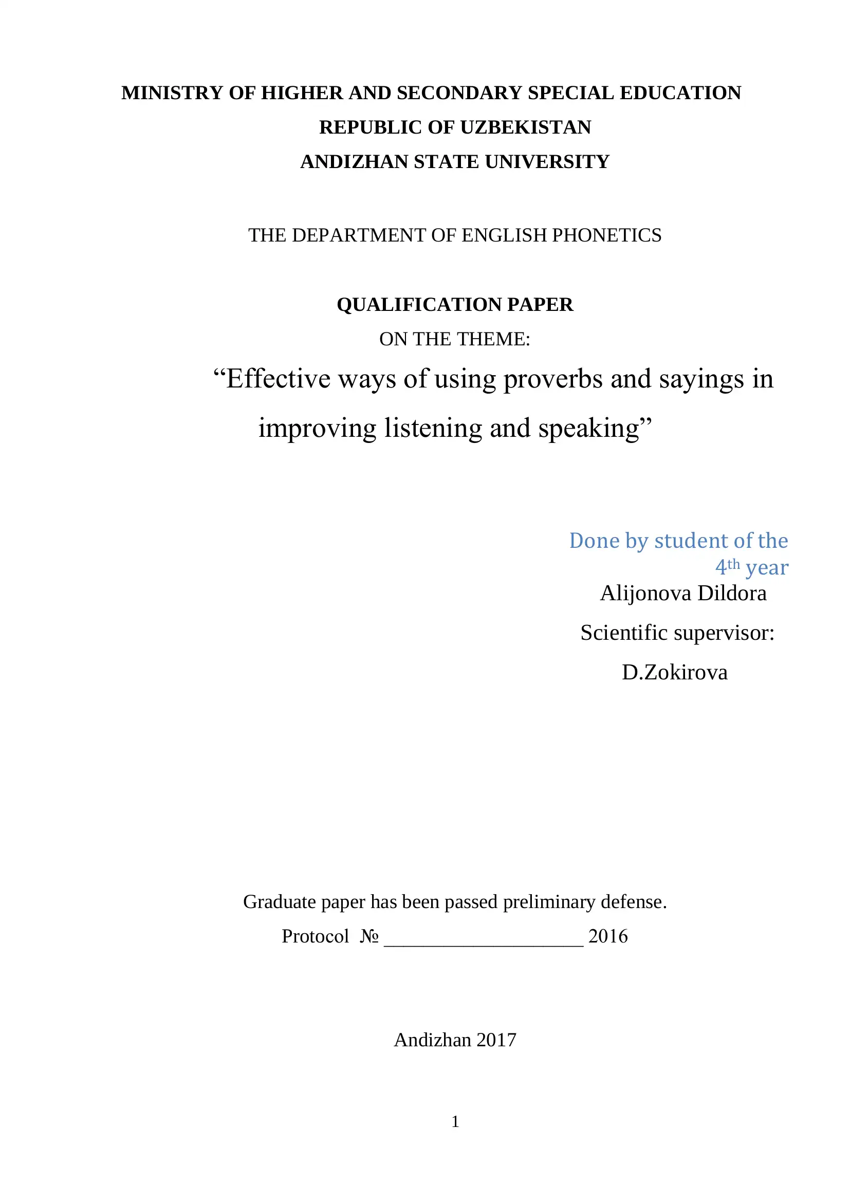 Qualification paper on the theme: “Effective ways of using proverbs and sayings in improving listening and speaking”