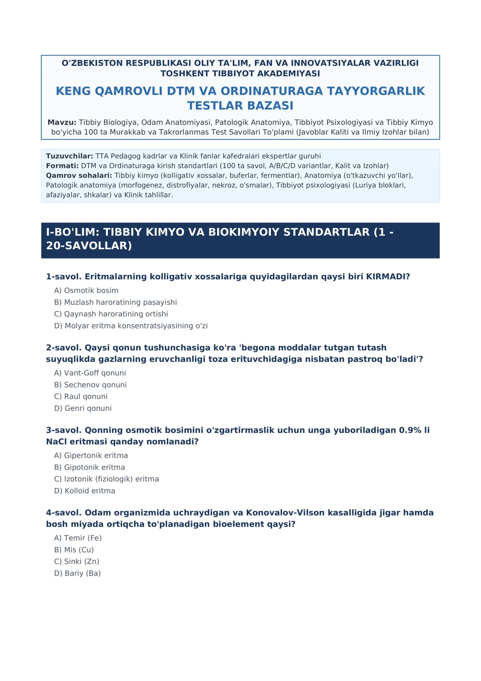 Tibbiy Biologiya, Odam Anatomiyasi, Patologik Anatomiya, Tibbiyot Psixologiyasi va Tibbiy Kimyo