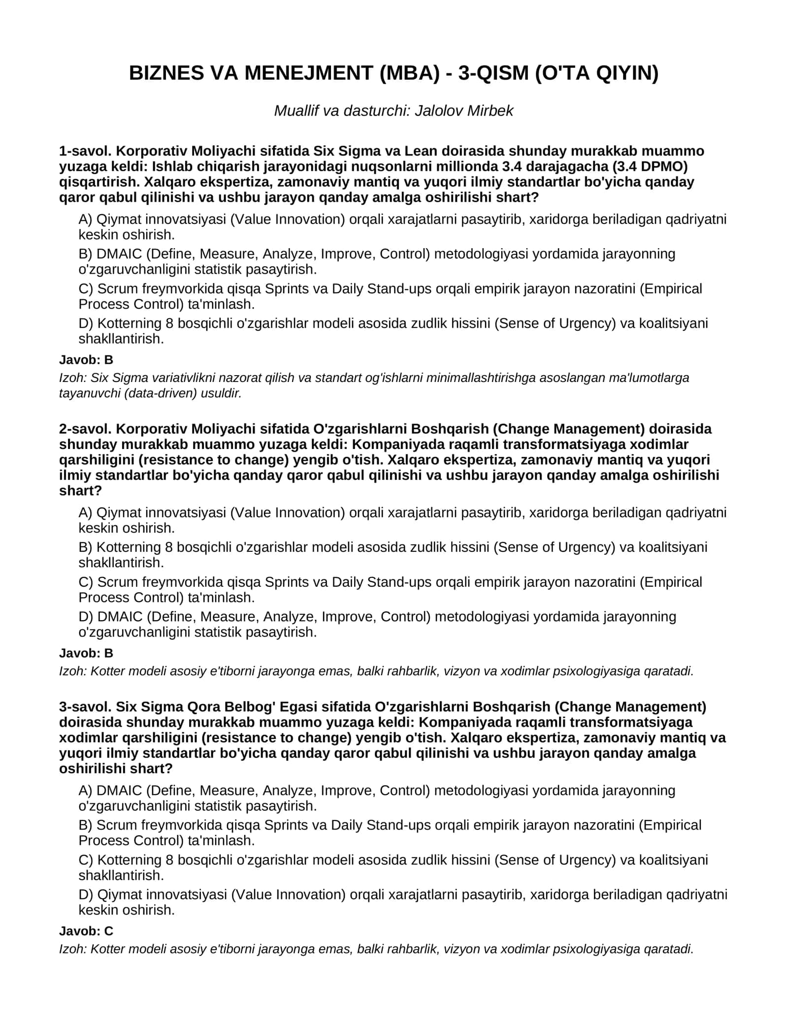 BIZNES VA MENEJMENT (MBA) - 3-QISM (O'TA QIYIN)